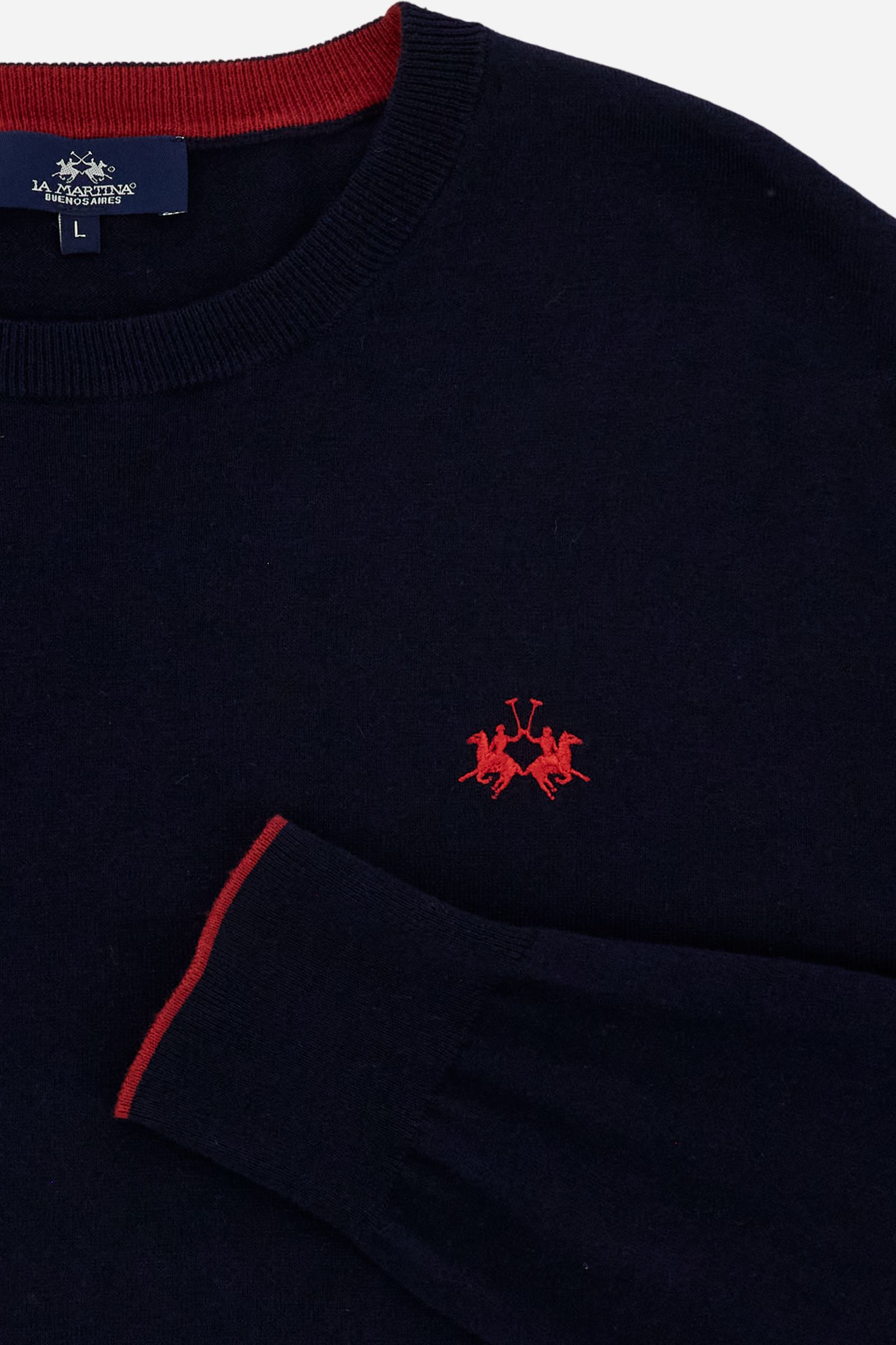 Crewneck sweater in lightweight 100% cotton with a regular fit. Ribbed collar, cuffs and hem. Contrast details inside the neckline, echoed on the cuffs, and embroidered logo on the chest. - Navy