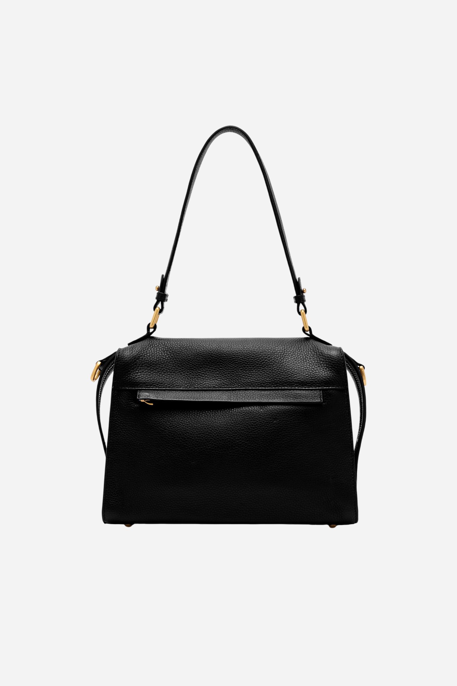 Compact full-grain leather shoulder bag with long handles and side zip pullers for a distinctive, modern design. - Black