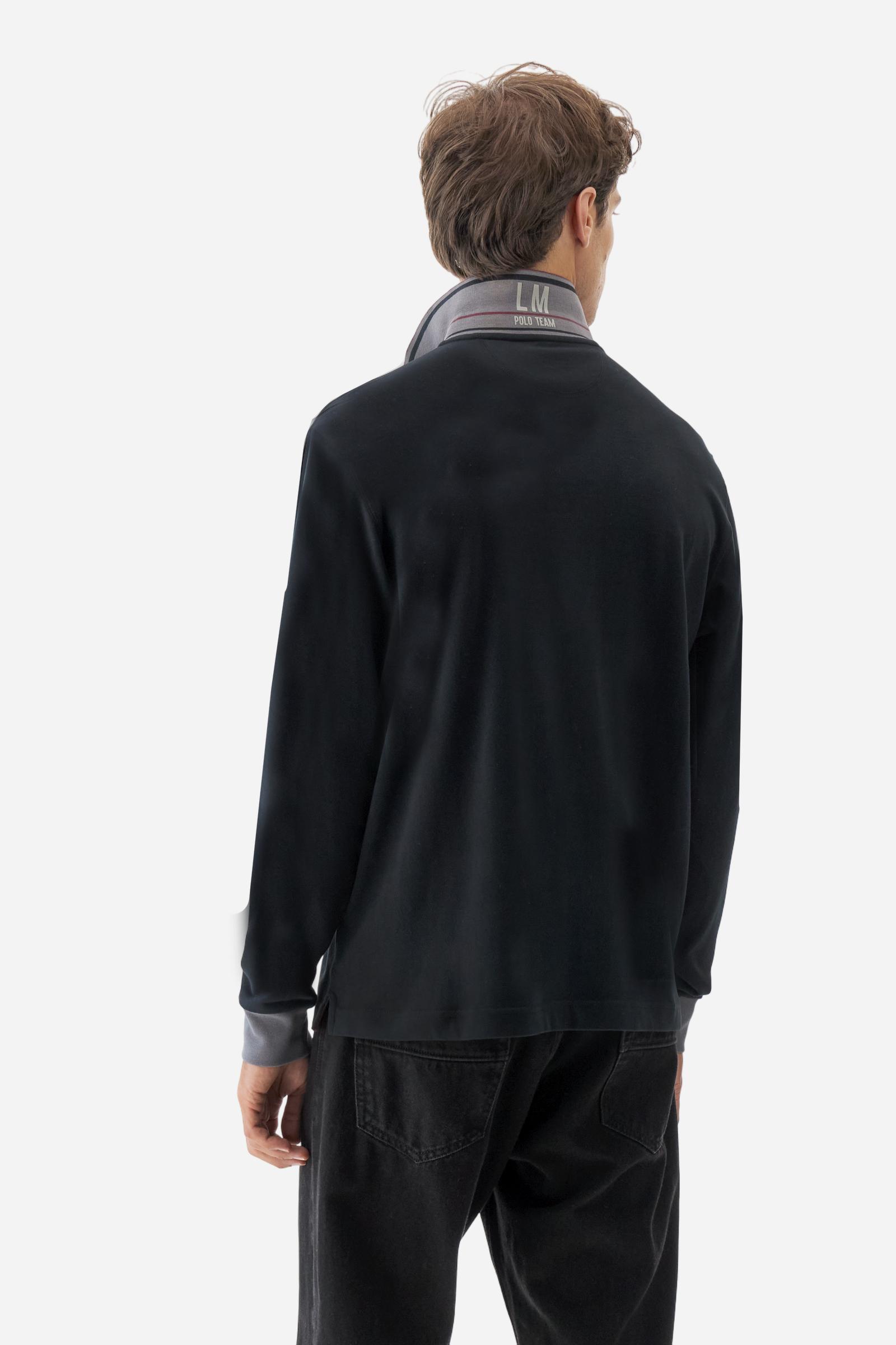 Men’s long-sleeve polo shirt in solid-colour cotton jersey with a warm, matte handfeel. Ribbed collar and cuffs with stripes and colour blocks in contrast, two personalised buttons and contrast details inside the collar. Patches and graphics on sleeves and chest celebrate the Official Polo Supplier team. The large multicolour logo is embroidered on the chest. Regular fit. The model wears size L. - Black