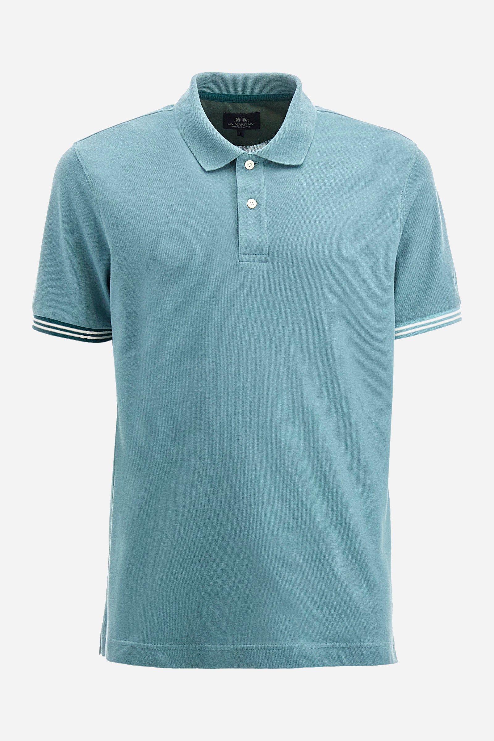Men's short-sleeved polo shirt in plain stretch cotton. Two-button fastening. The logo is embroidered on one of the sleeves. Regular fit. The model is wearing a size L. - Arctic