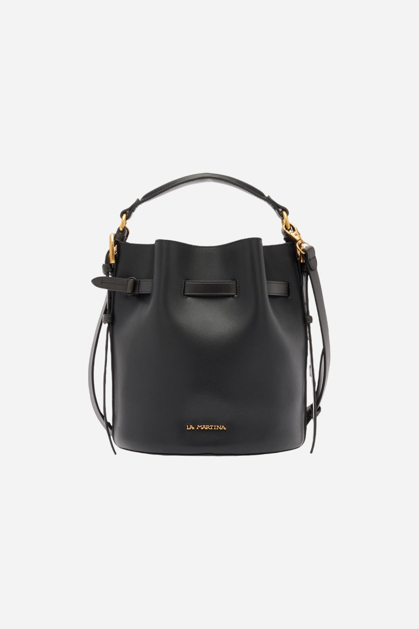 Small bucket bag in calfskin leather with leather details. Refined drawstring closure and metallic finishes. - Black