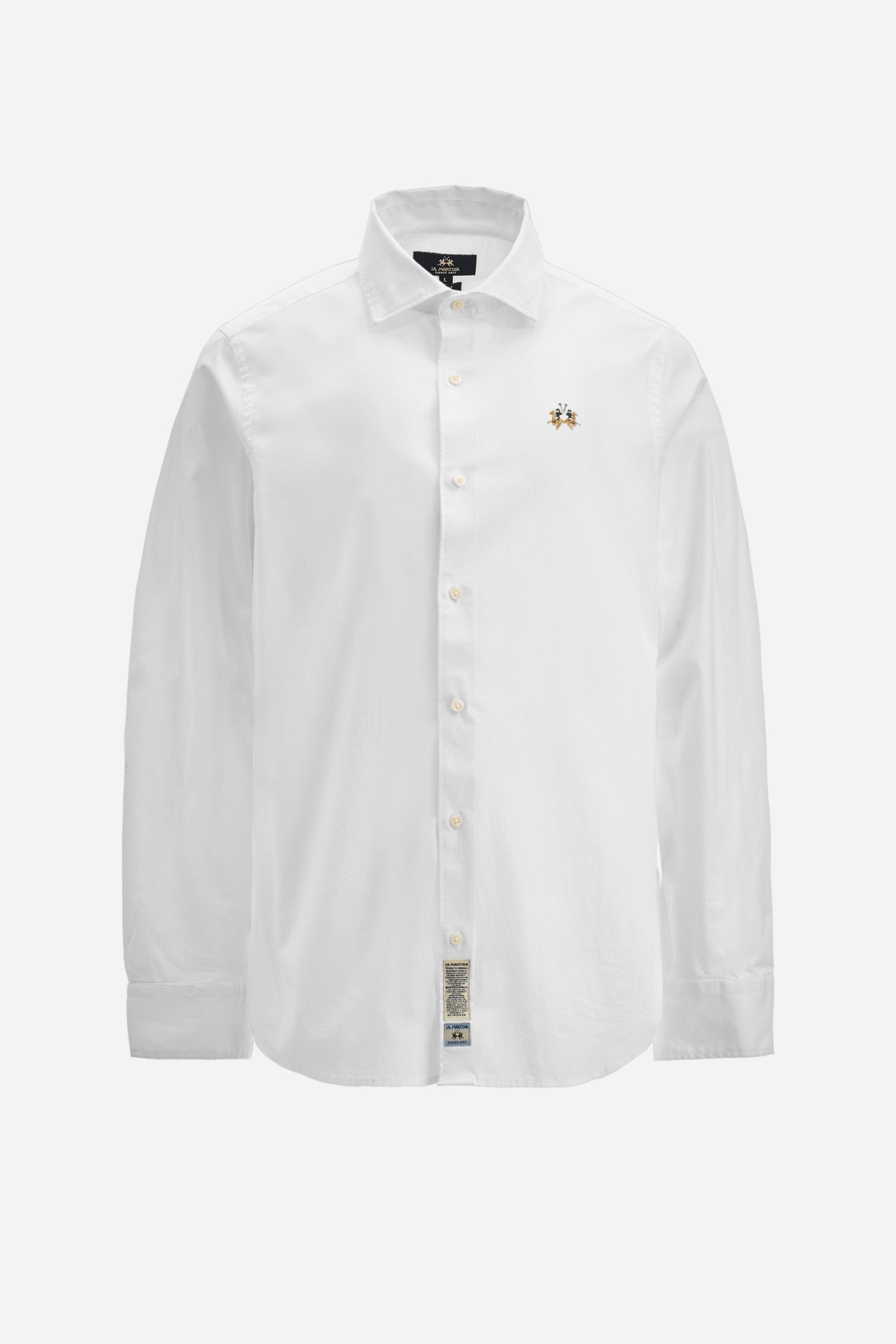 Men's plain long-sleeved shirt, made from stretch cotton. Spread collar. The brand logo is embroidered on the front. Slim fit. The model is wearing a size L. - Optic White