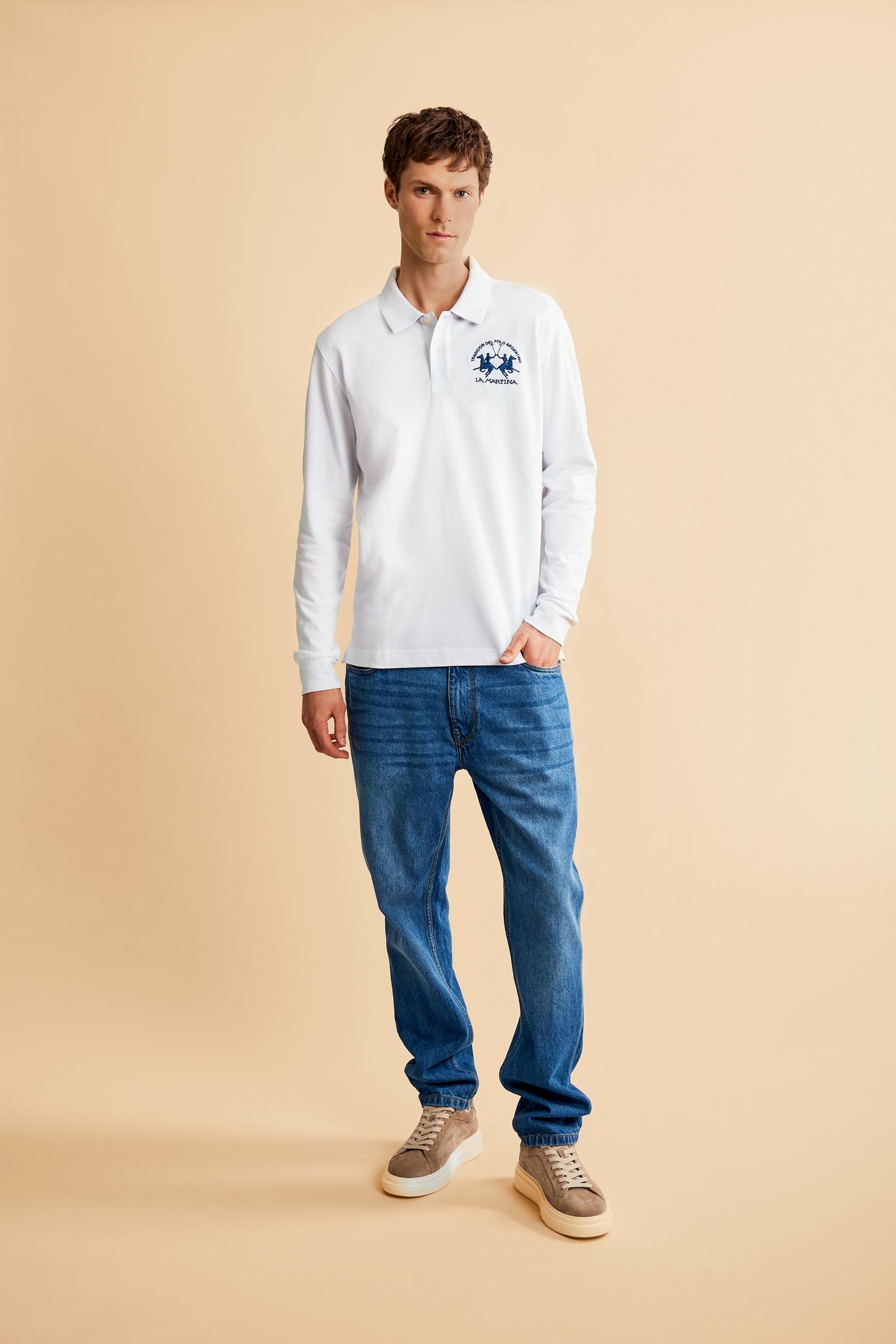 Men's long-sleeved polo shirt in stretch cotton with a regular fit - Optic White