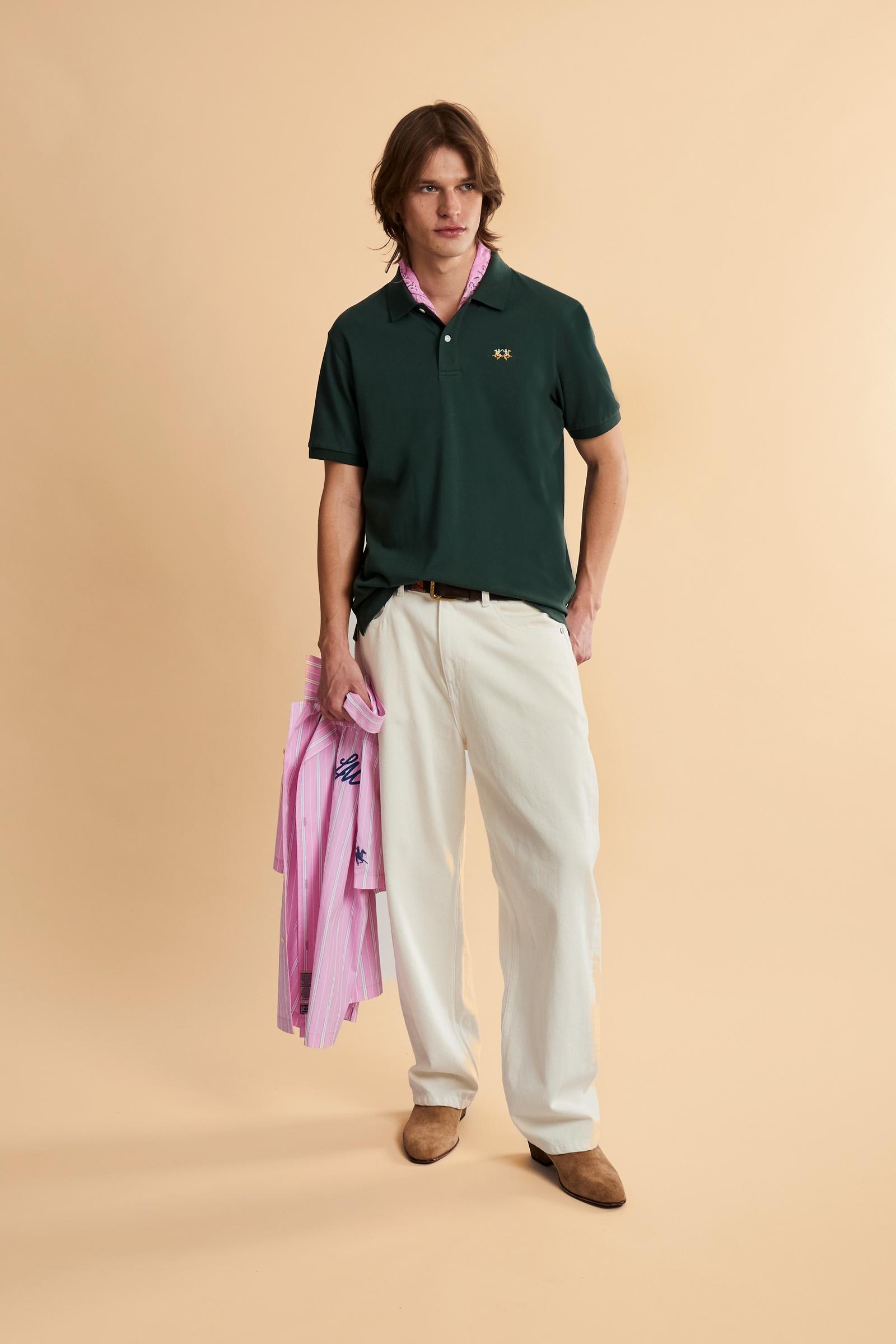 Men’s short-sleeve stretch piqué polo with regular fit. Contrast gabardine under-collar and iconic tricolor logo. - Pineneedle