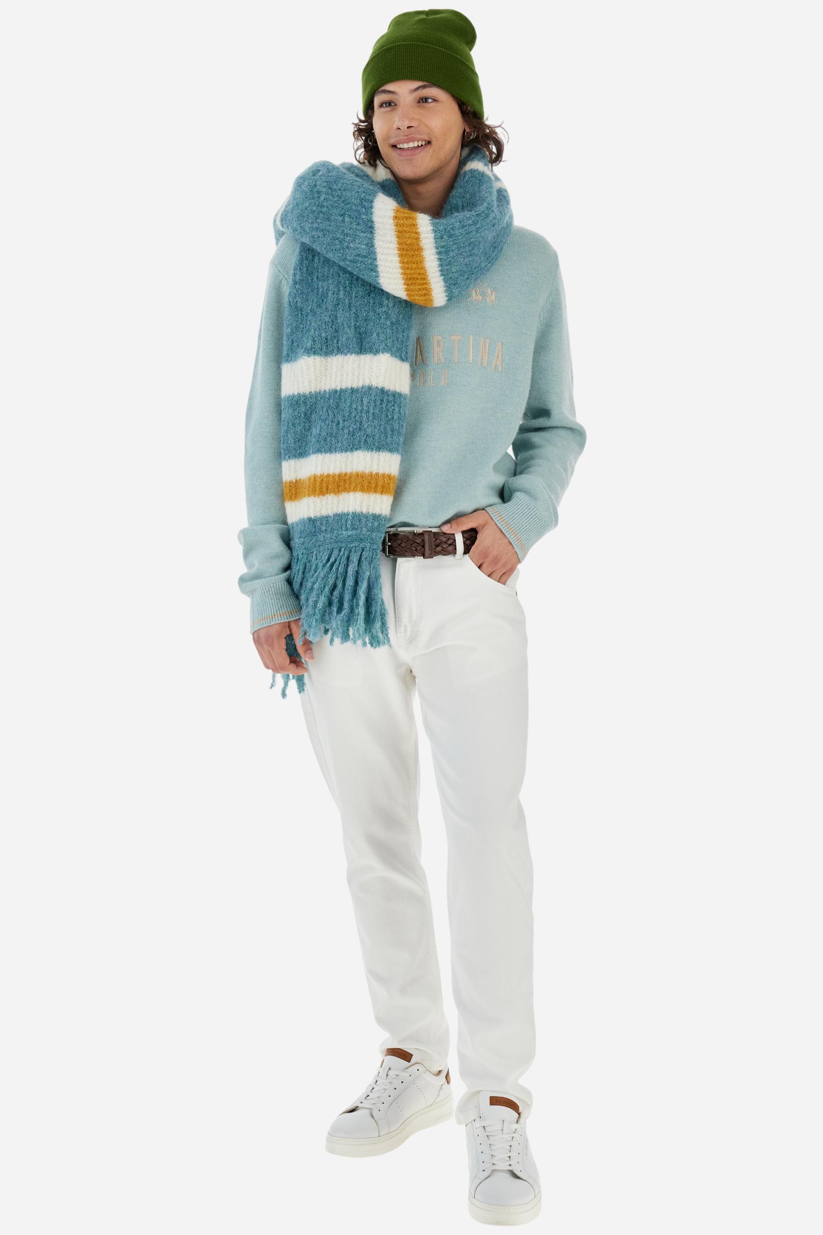 Crew-neck sweater with long sleeves in lambswool blend, soft and durable. Ribbed collar, cuffs, and hem with contrast stripe detail. Patch number and La Martina lettering embroidered in contrast, alongside the large logo placed centrally on the chest. Regular fit for a clean, timeless silhouette. Model wears size L. - Gray Mist