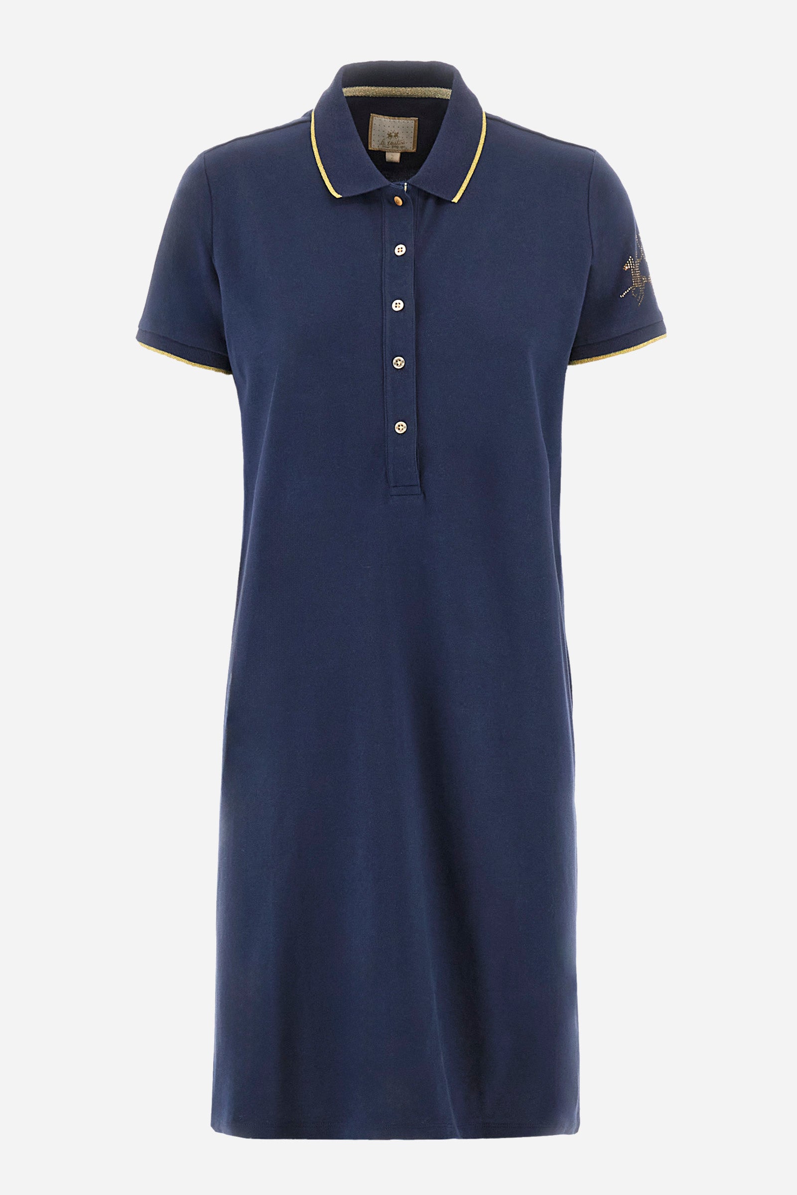 Single-colour short-sleeved dress made of elasticated cotton. Soft, straight cut silhouette, above-the-knee length. With a profiled and ribbed collar and armholes. Collar with contrasting rhinestone writing. With button fastening. The "La Martina" lettering can be found under the collar. A rhinestone logo is applied on one of the sleeves. The fit is regular. The model wears a size 2. - Navy