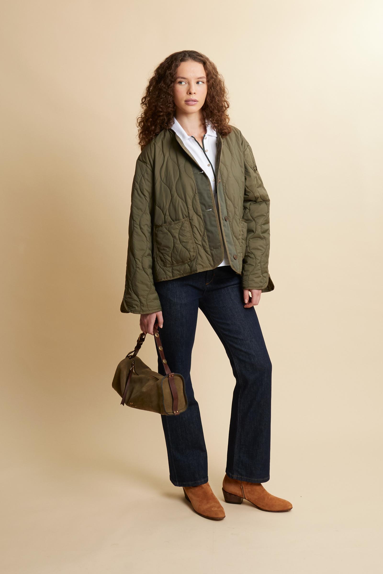 Women’s long-sleeve quilted nylon jacket with wave pattern. Wide, boxy cut with adjustable side bows and tone-on-tone embroidered logo on the sleeve. - Burnt Olive