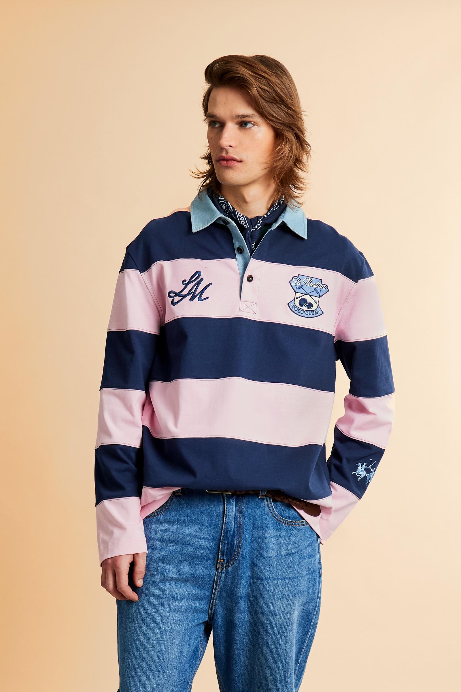Men’s rugby polo in heavy cotton jersey with bold two-tone stripes. Preppy-inspired patches and embroidery. - Fairtale/Navy