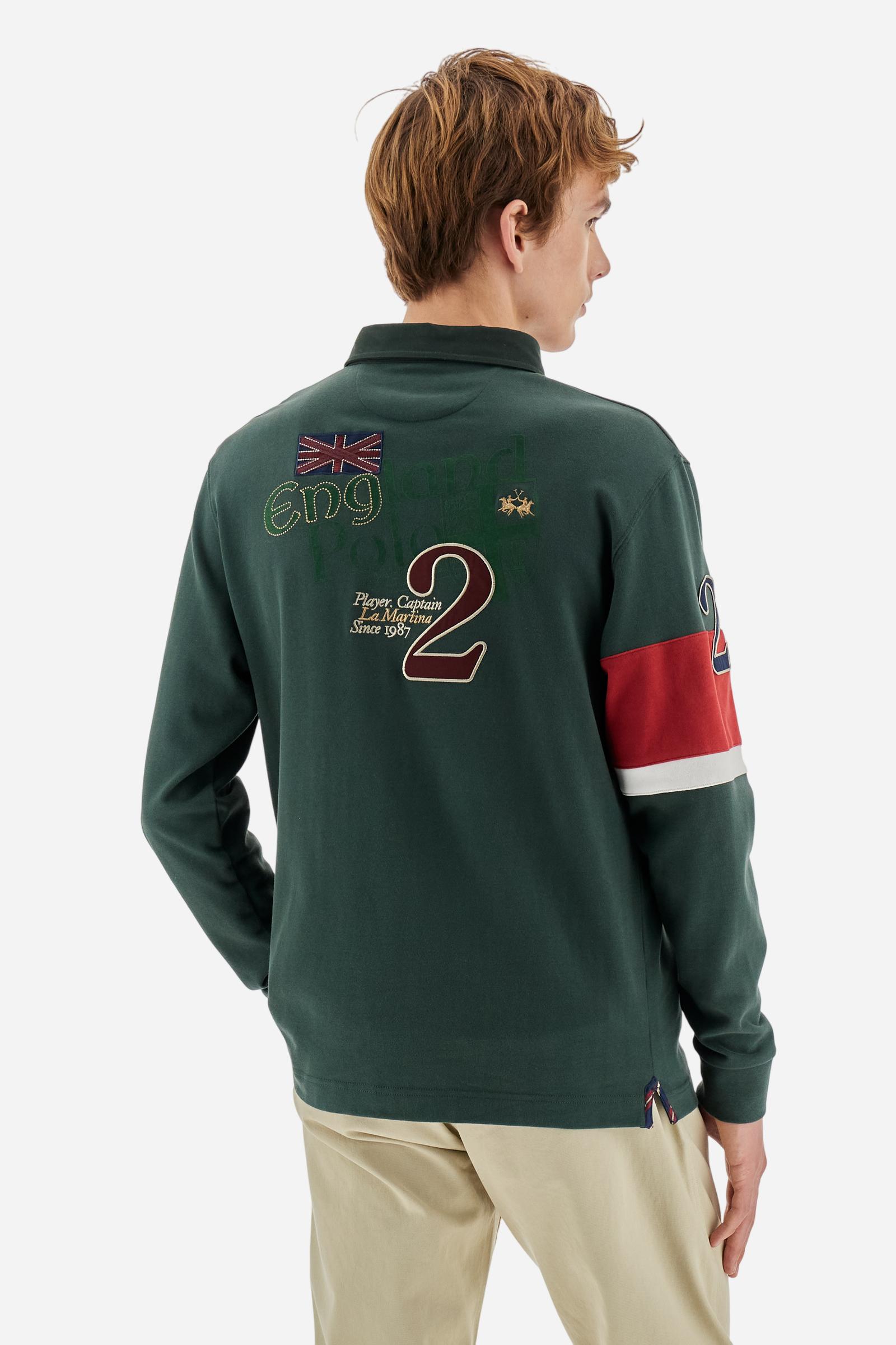 Long-sleeve polo shirt in 100% cotton jersey, soft and warm to the touch. Gabardine collar in tone with a contrast placket for a modern look. The English flag is printed under the raised right collar tip. Contrasting fabric bands and a patch with number 2 decorate the right sleeve, evoking polo player uniforms. Multicolor graphics dedicated to the English team and past special events enrich the design, with a large team logo embroidered in two-tone on the chest. Regular fit. Model wears size L. - Sycamore