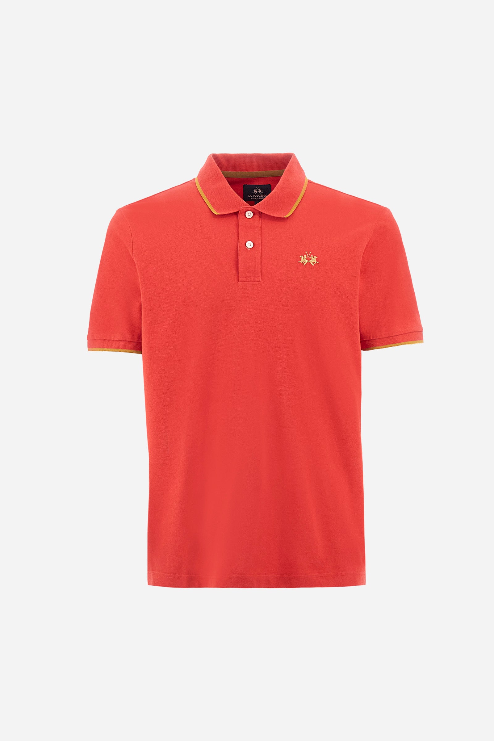 Men’s polo with short sleeves in stretch pique cotton. A classic La Martina, with a simple and linear style. The regular fit fits easily to any type of silhouette. A small La Martina logo is embroidered on the chest, in contrasting shades like the sleeve edge. The model is 187 cm tall and wears a size L. - Poinsettia
