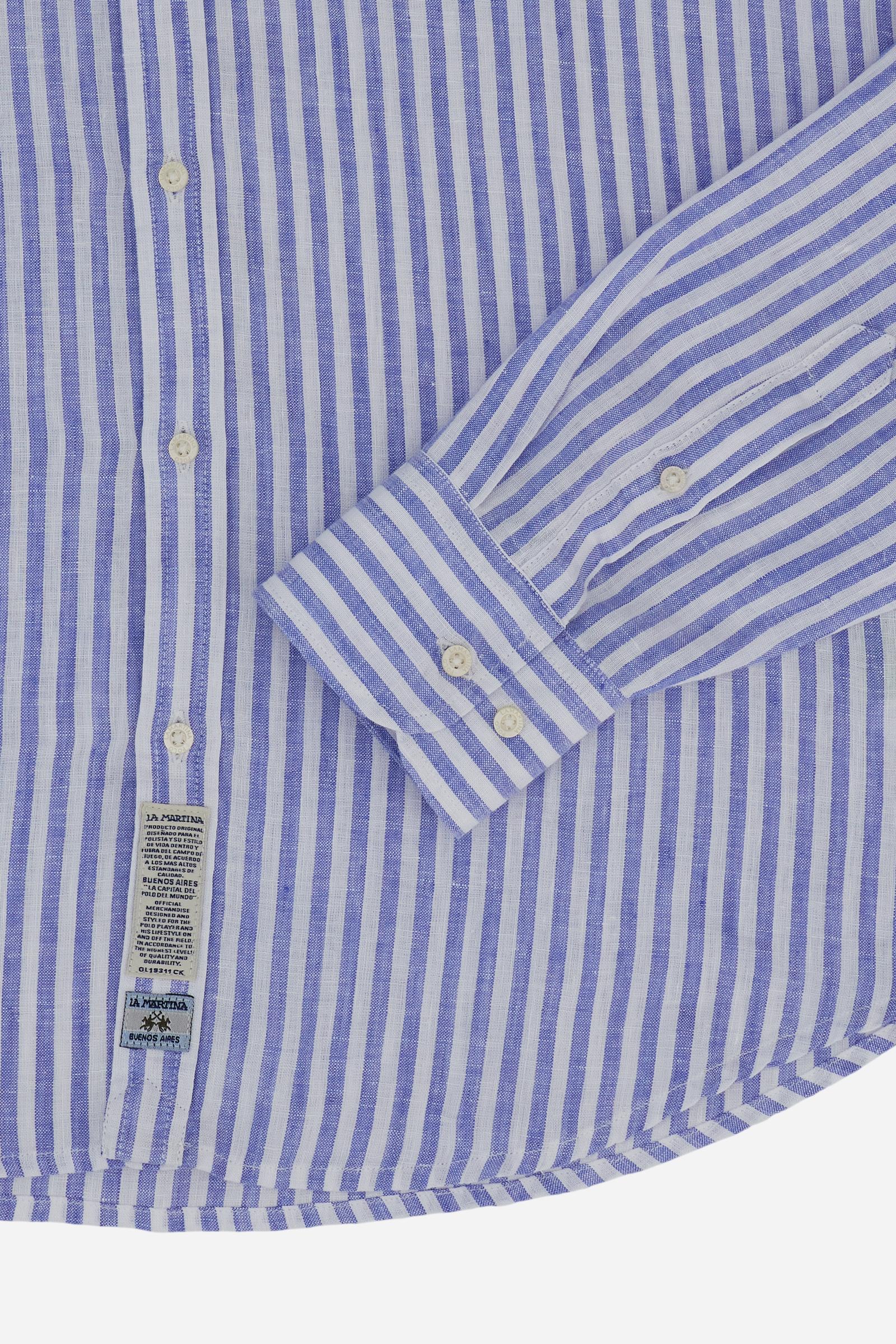 Men’s striped linen long-sleeve shirt with button-down collar. Regular fit and contrast embroidered logo on the chest. - OptWhitePrincessBlue