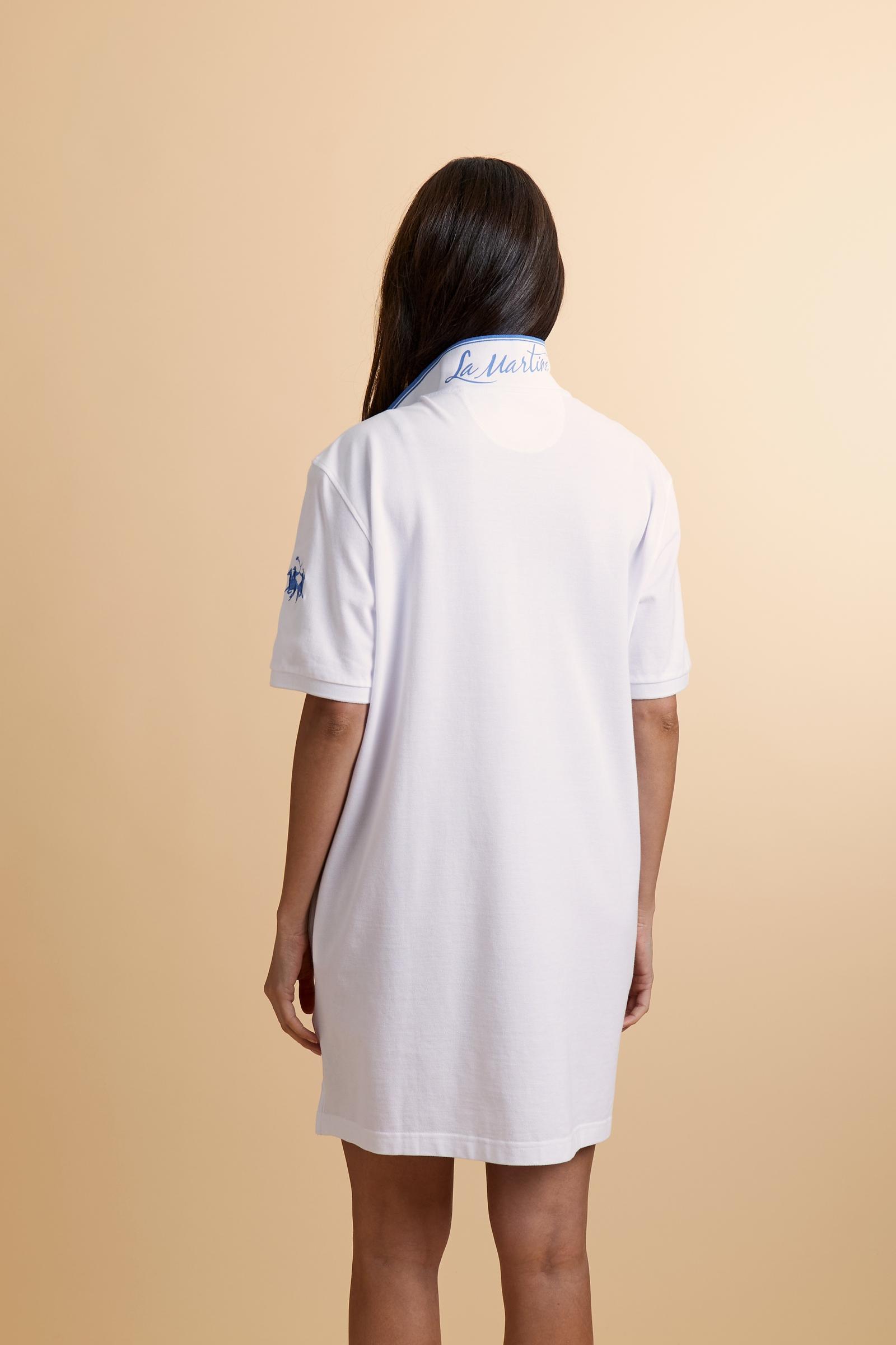 Women’s polo dress in cotton piqué with short sleeves and comfort fit. Above-the-knee length, contrast trims and iconic sleeve logo. - Optic White