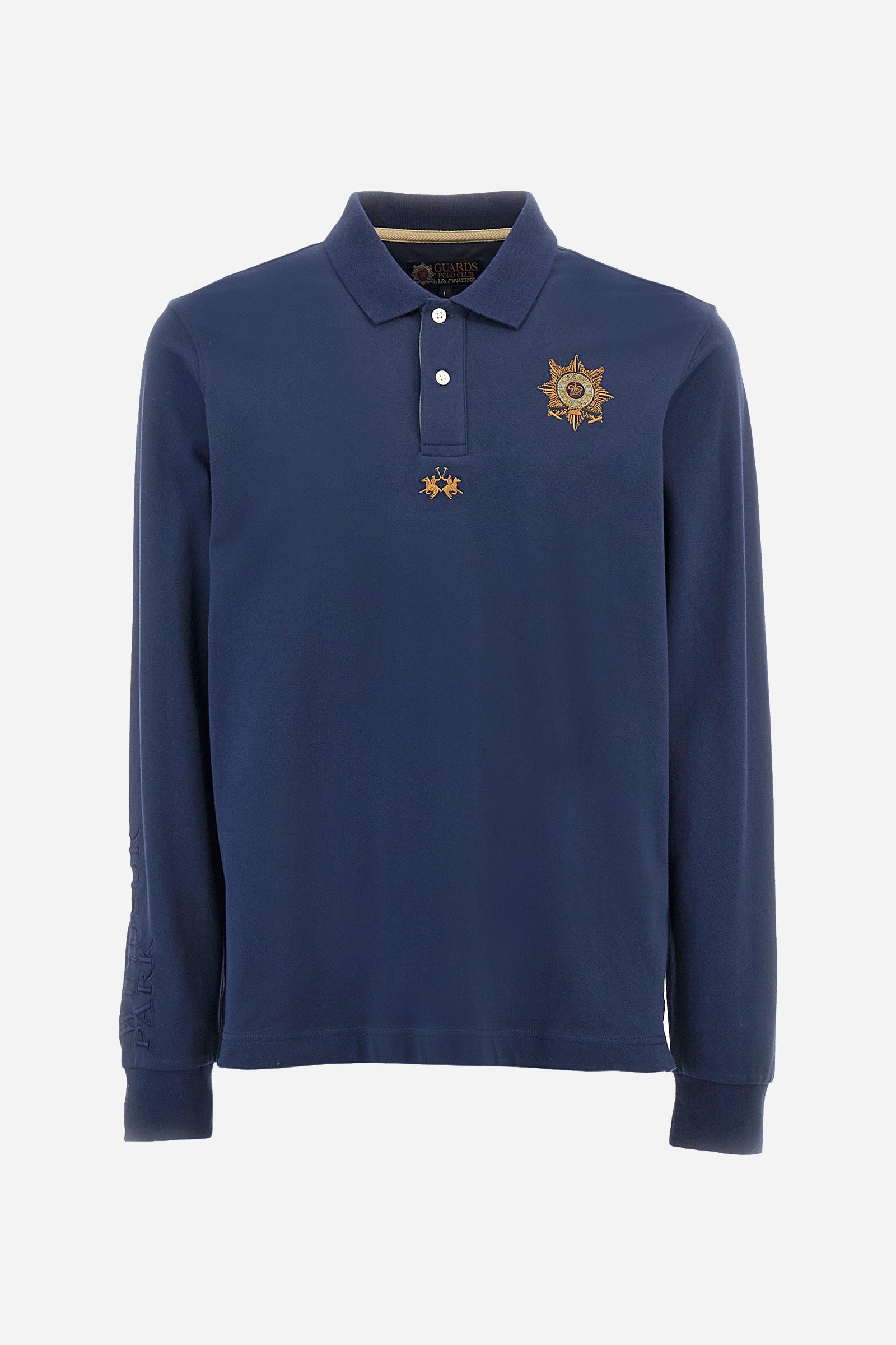 Men's long-sleeved Guards polo shirt in plain stretch cotton. Two-button fastening. Embellished with tone-on-tone embroidery on the sleeves. The logo and symbol of the line appear on the front. Regular fit. The model is wearing a size L. - Navy