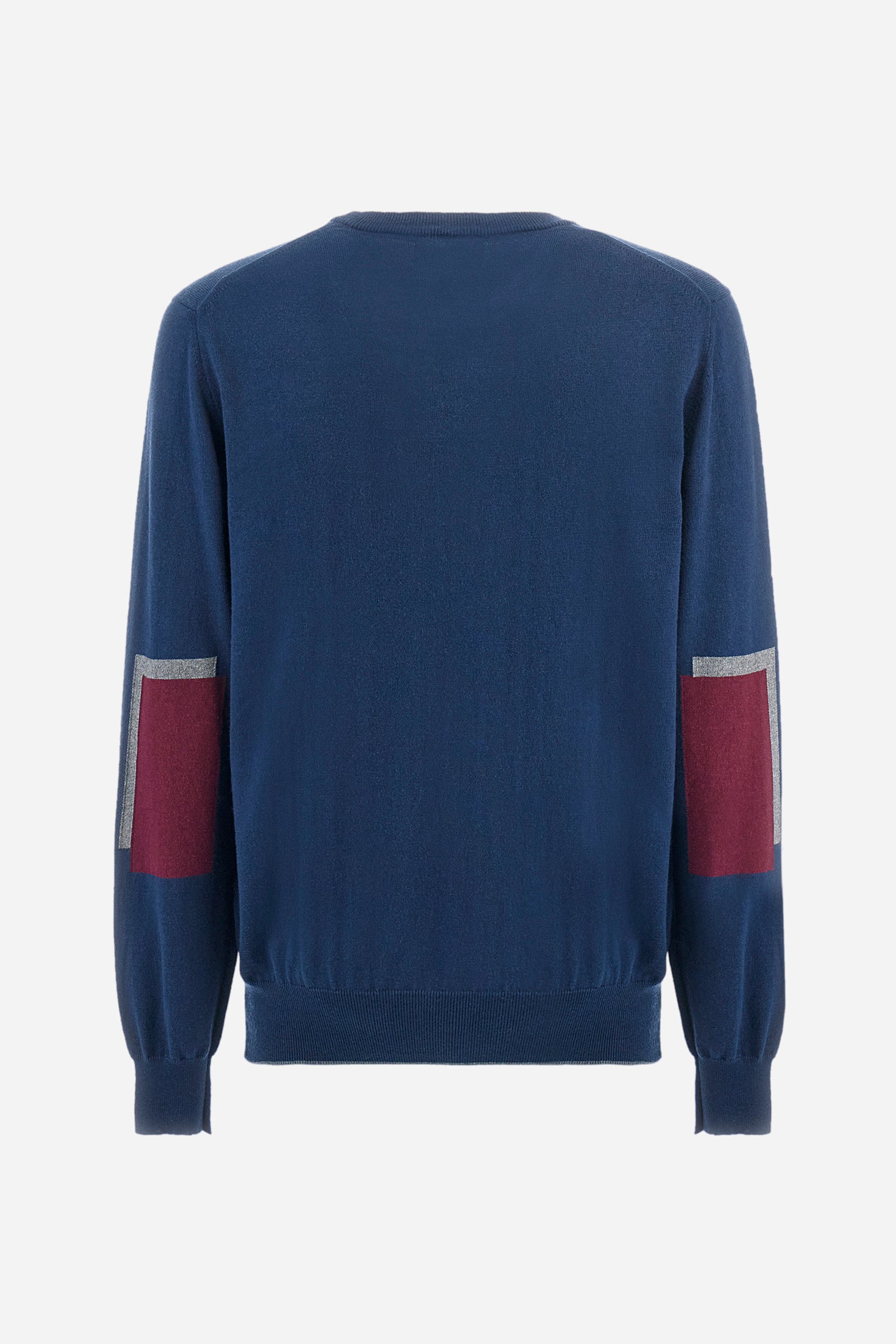 Men's long-sleeved plain crew neck pullover, made from cotton and wool. Ribbed cuffs and hem. Contrasting coloured fabric patches appliquéd on the elbows. The logo is embroidered on the front. Regular fit. The model is wearing a size L. - Navy