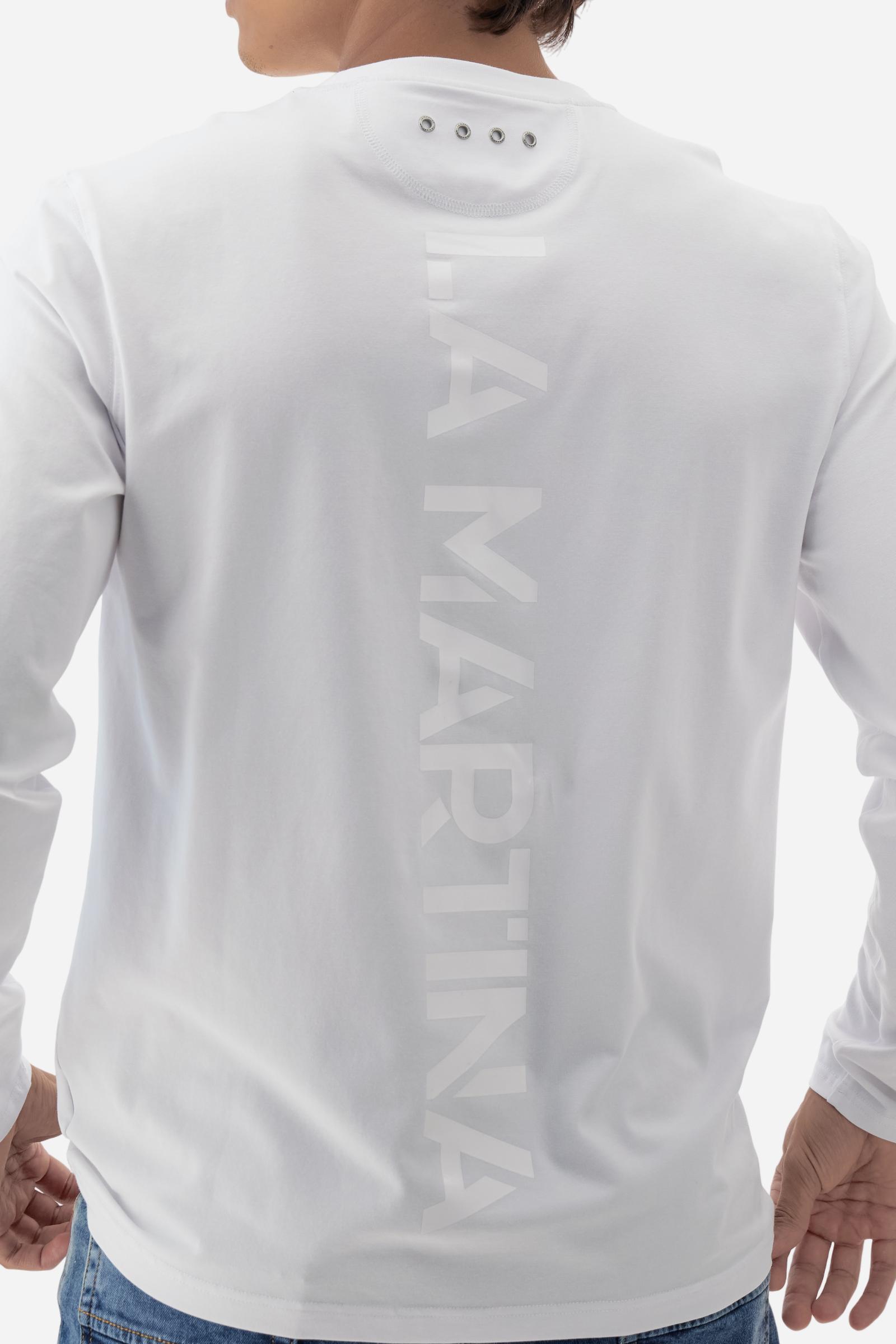 Crew-neck long-sleeve T-shirt made of 100% high-quality cotton jersey. The smooth, fluid fabric has a technical look that ensures comfort and style. A small translucent transfer logo is applied on the chest, while two Asociacion Argentina de Polo (AAP) transfers decorate the right sleeve. The large vertical translucent print on the back is a signature detail of the brand. Regular fit with clean lines and refined finishes for a simple yet distinctive piece. Model wears size L. - Optic White