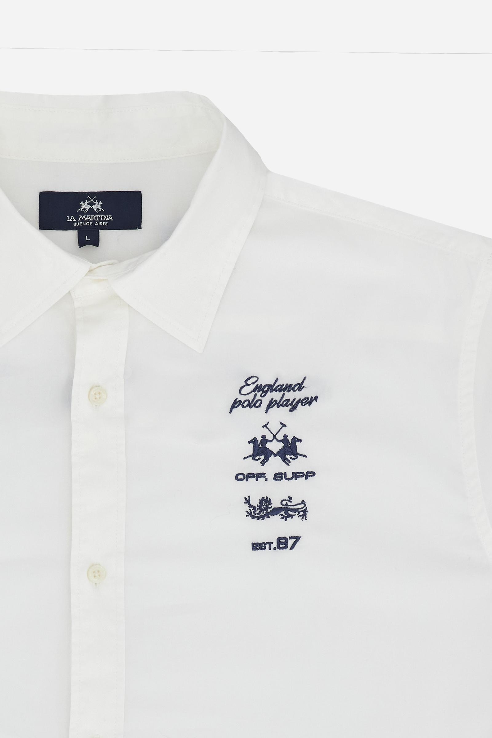 Men’s long-sleeve shirt in stretch cotton poplin with a classic collar, adjustable cuffs, front graphics, and maxi logo on the back for a stylish look. - Optic White