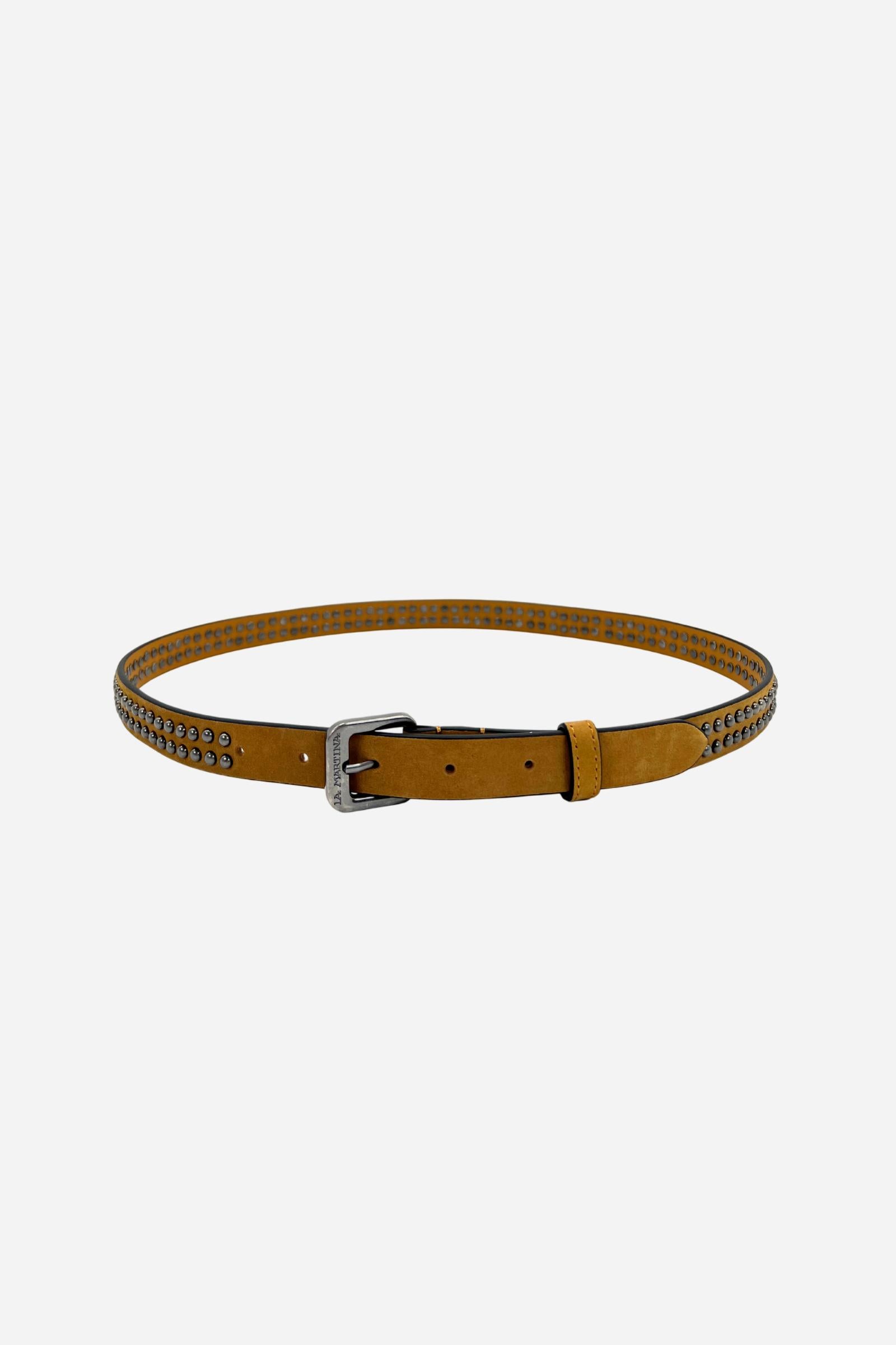 Women’s 4 cm nubuck belt with pebbled texture, double row of burnished metal studs, and a bold vintage-finish square buckle with engraved logo. - Bran