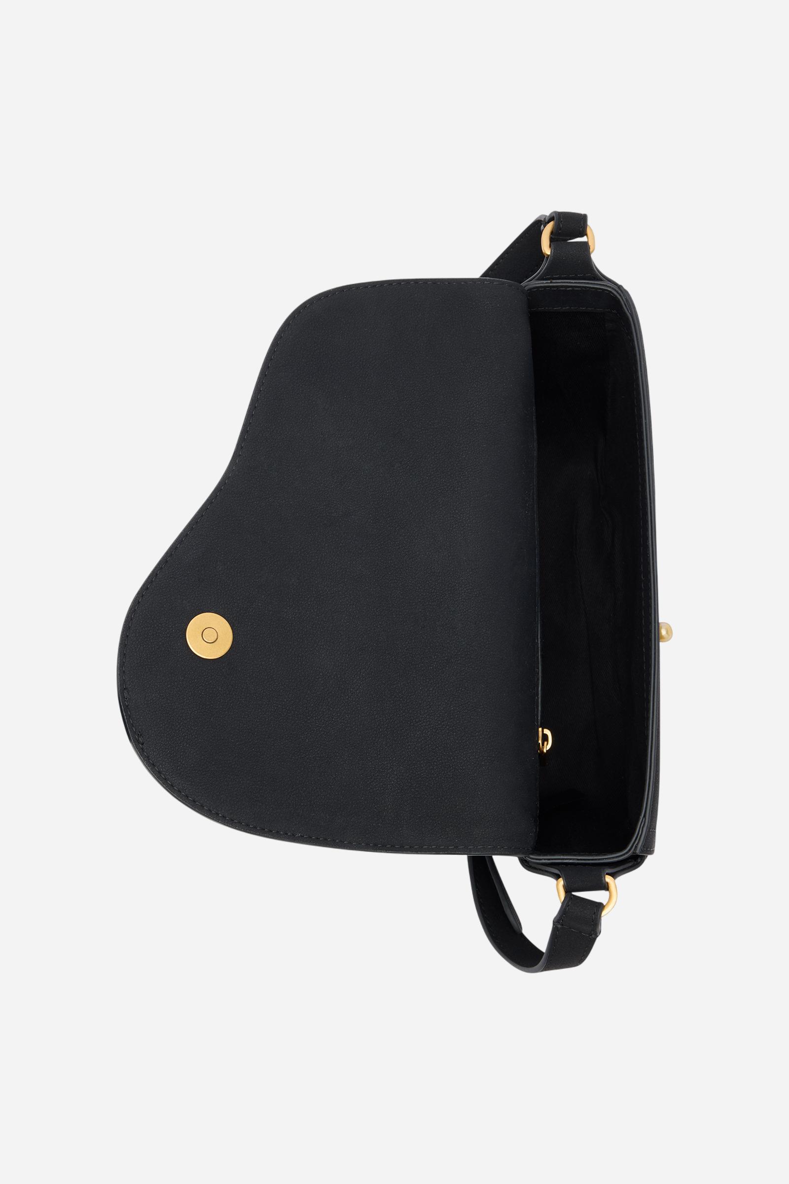 Crossbody bag in nubuck with velvety texture. Structured shape with flap and golden metal logo buckle. - Black