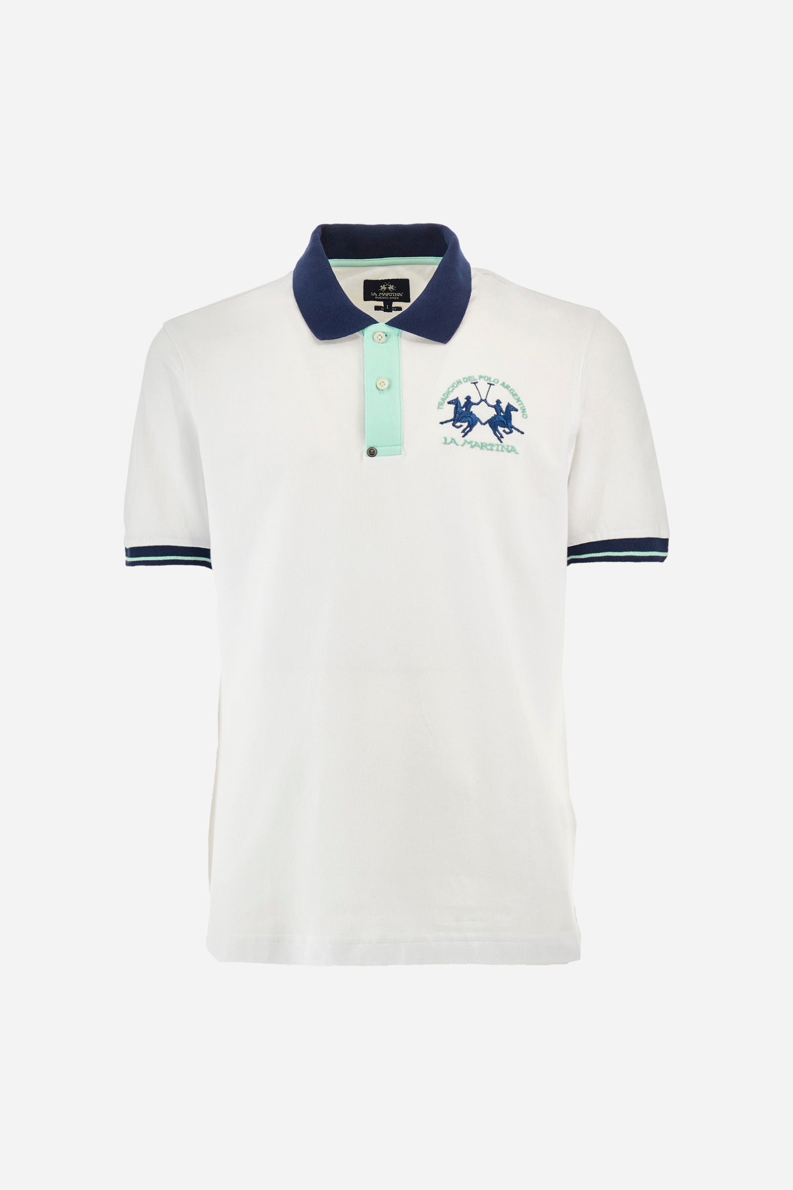 Men's single-colour short-sleeved polo in elasticated cotton. Fastens with two contrasting buttons. Ribbed collar and armholes in different shades. The "La Martina" lettering can be found under the collar. A large logo is embroidered on the chest. The fit is slim. The model wears a size L. - Optic White