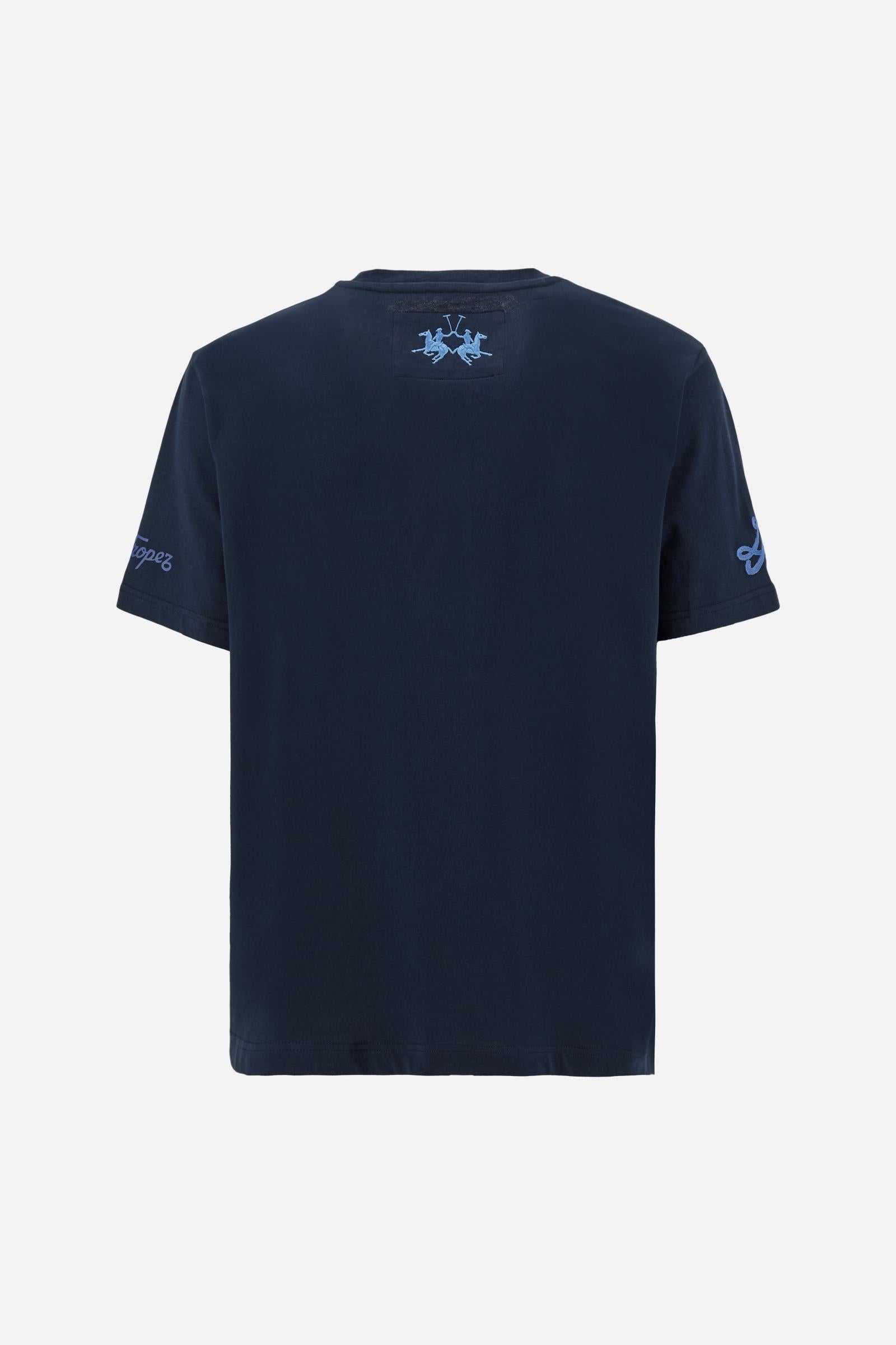 Men’s short-sleeve cotton jersey T-shirt. Crew-neck style with contemporary fit and modern cut, enhanced by a large nautical heraldic print. - Navy