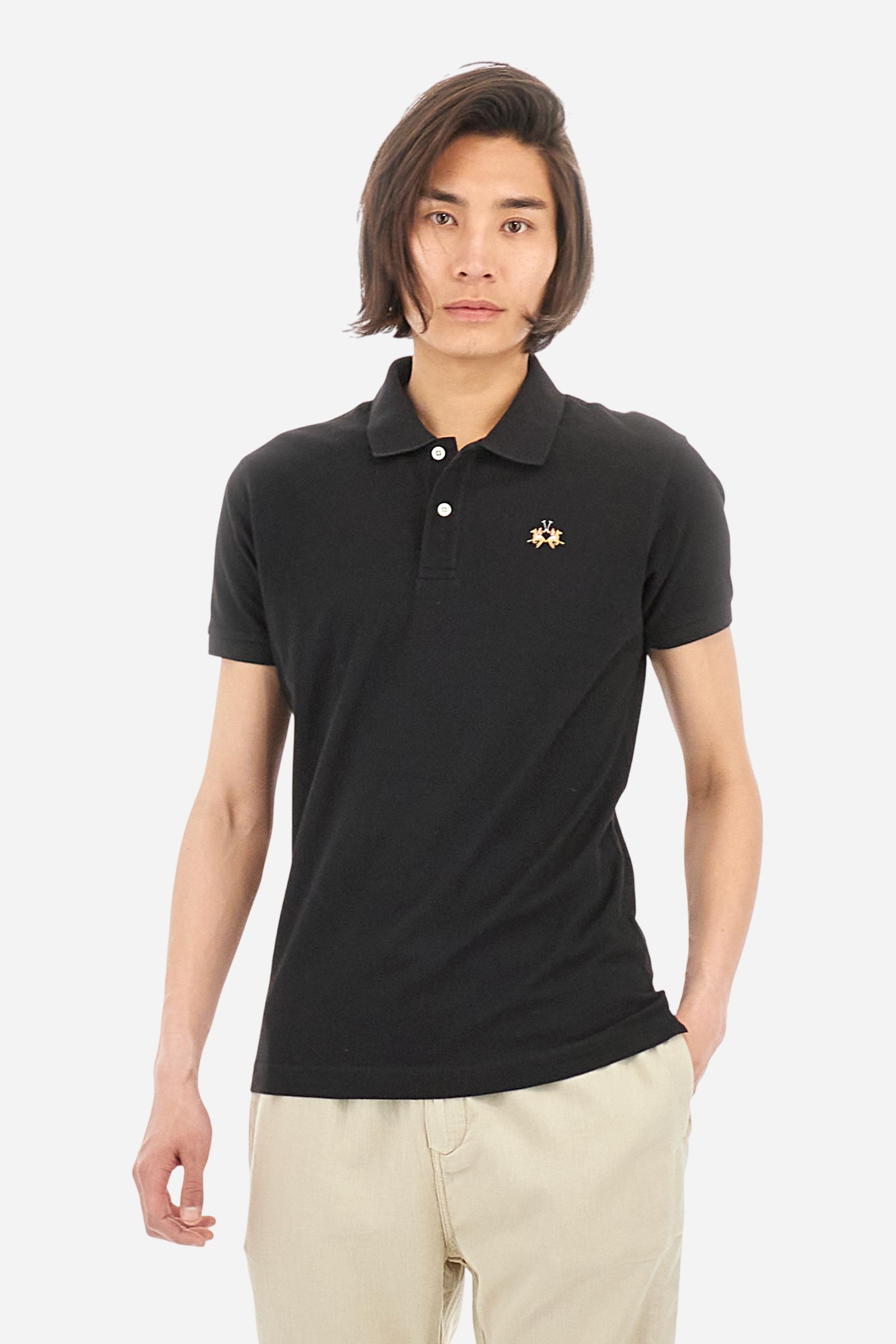 Men's short-sleeved cotton piqué polo shirt. Regular fit with fabric detail under the collar. - Black
