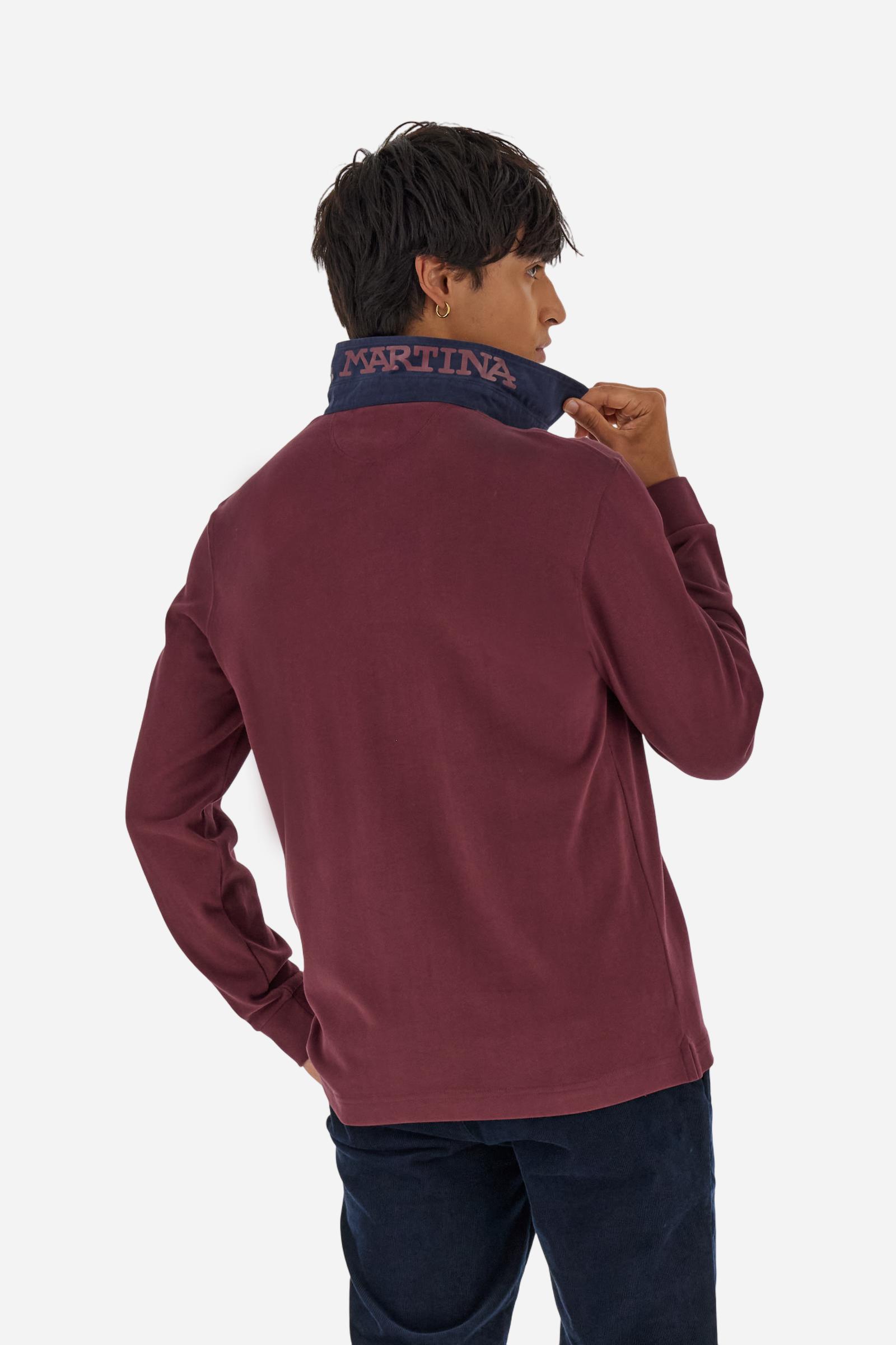 Classic men’s long-sleeve polo in soft-touch 100% cotton jersey. Contrast gabardine collar, three-button placket with multicolor striped tape. Iconic La Martina lettering printed in contrast under the collar. Small contrast logo embroidered on the chest. Regular fit for a balanced silhouette. Model wears size L. - Port Royale