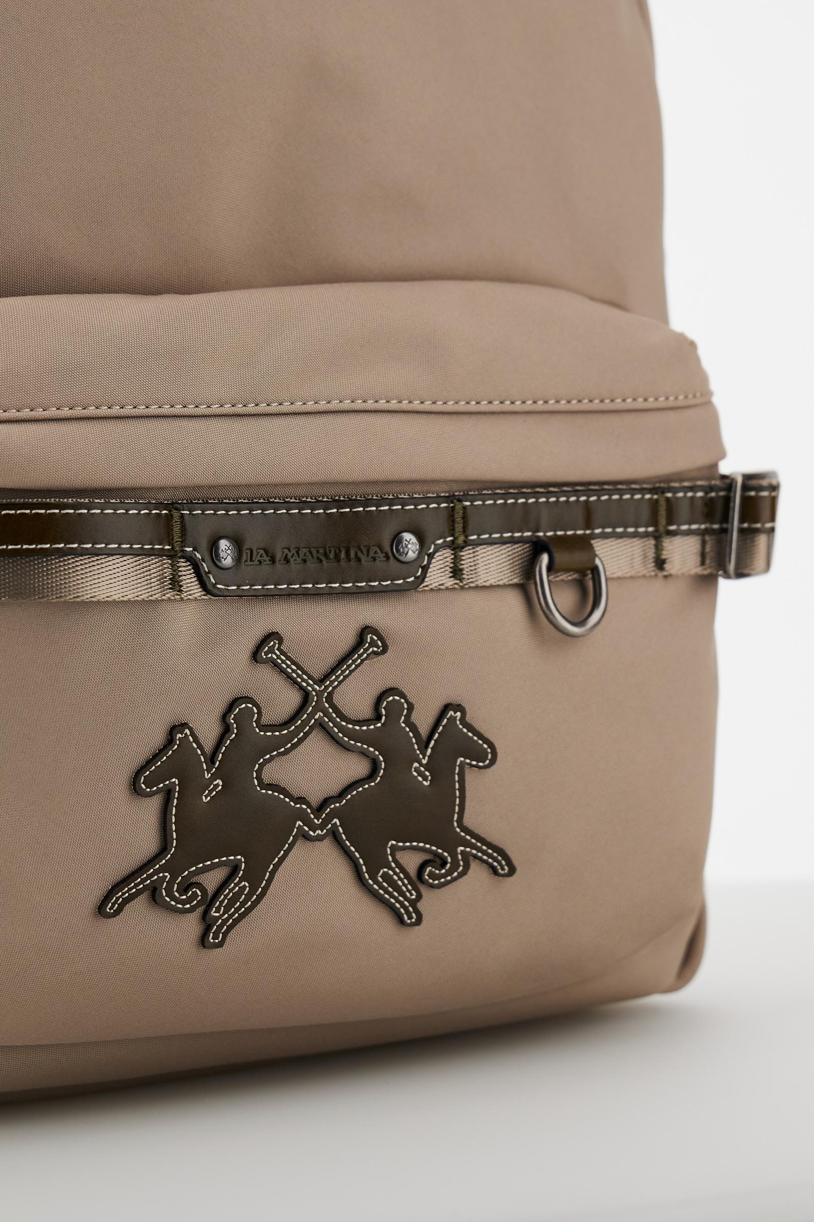 Backpack in matte technical canvas with eco-leather contrast details and applied maxi logo, modern and minimal design. - Gaucho / Olive