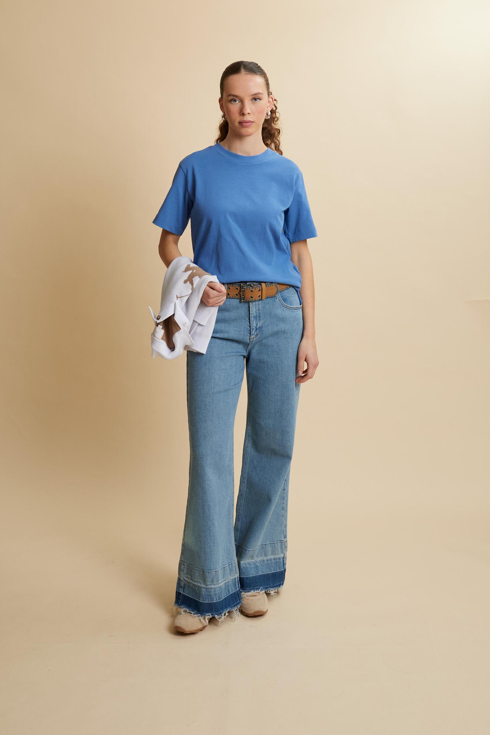 Women’s cotton jersey crew-neck T-shirt with maxi sleeve logo - Corina