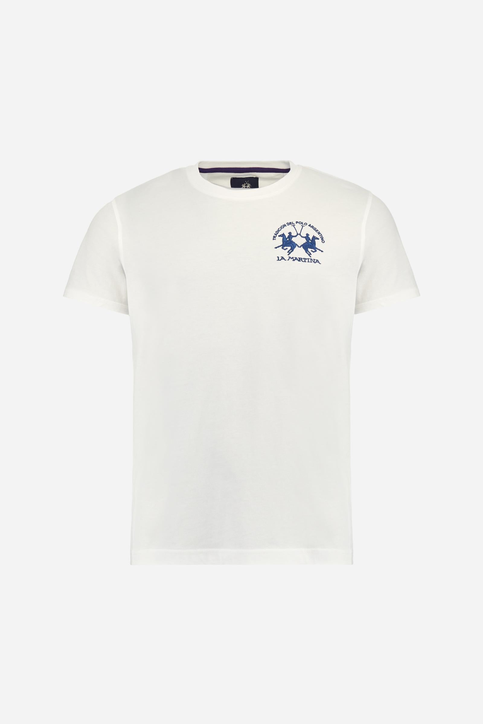Men's plain short-sleeved T-shirt, made from 100% cotton. Large logo embroidered on the front. Regular fit. The model is wearing a size L. - Optic White