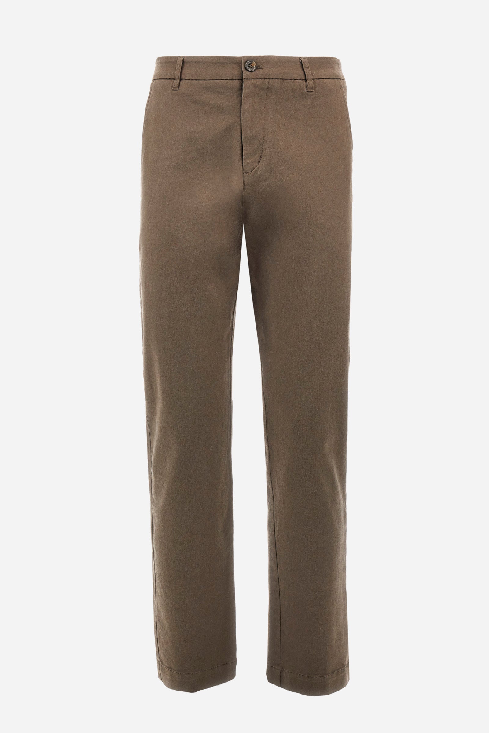 Men's single-colour chinos in stretch cotton. With belt loops, zip and button fastening. There are two functional front pockets, two rear pockets and two further pockets on the sides of the trousers. The logo is sewn on the back. The fit is regular. The model wears a size 33. - Bungee Cord