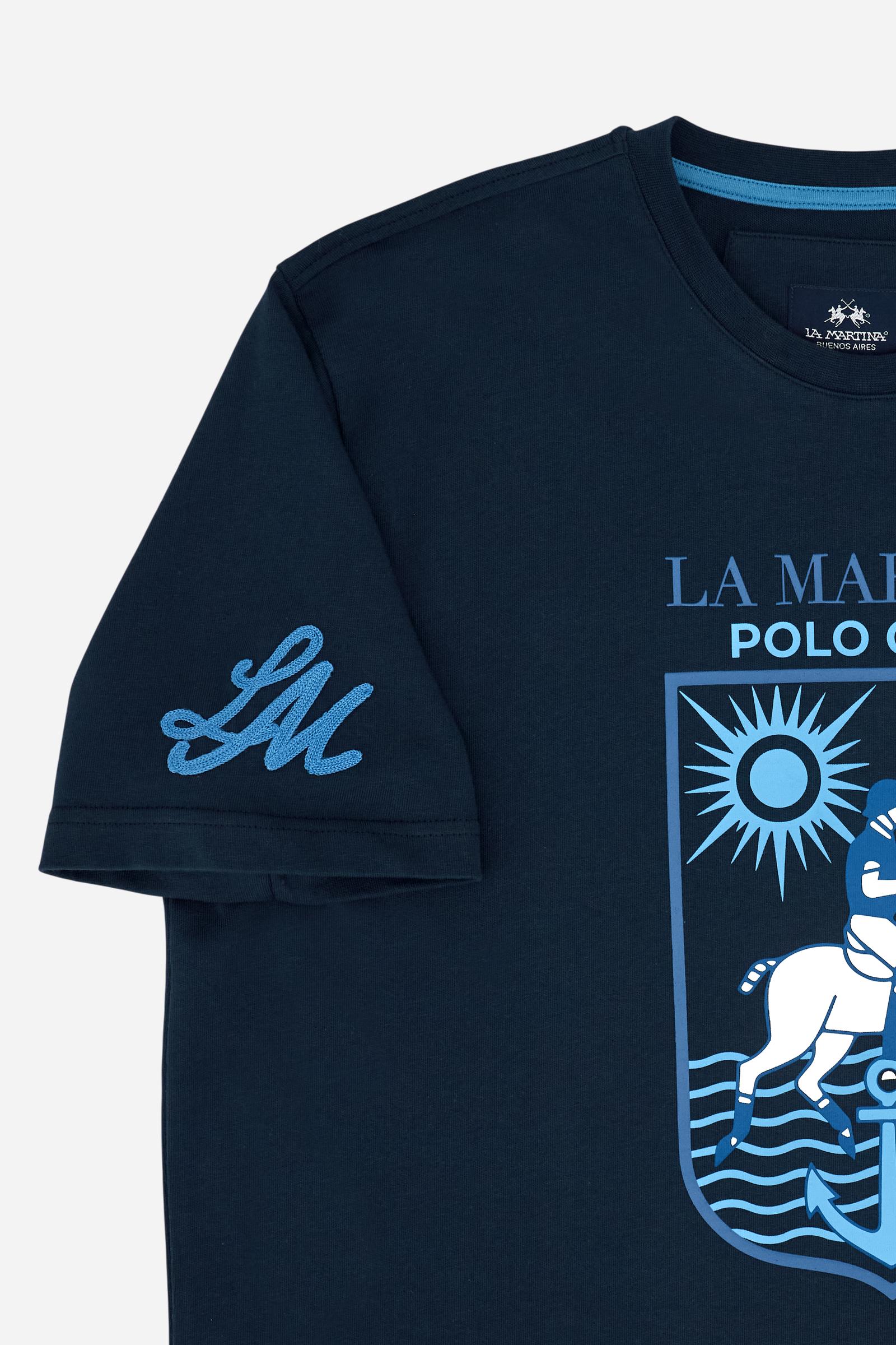 Men’s short-sleeve cotton jersey T-shirt. Crew-neck style with contemporary fit and modern cut, enhanced by a large nautical heraldic print. - Navy