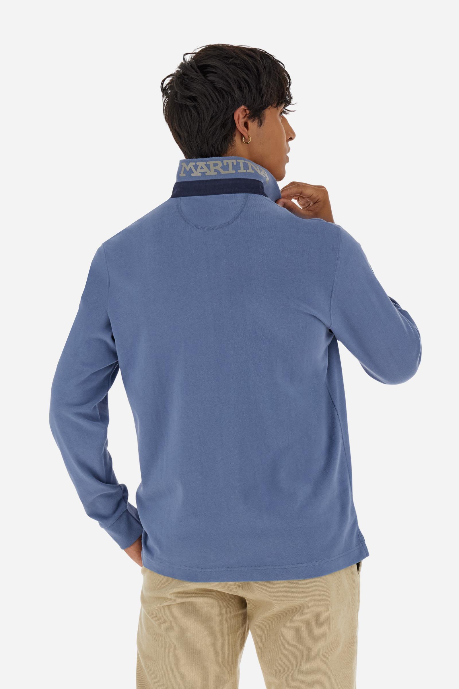 Men’s long-sleeve polo in premium soft-touch cotton jersey for a luxurious feel on the skin. Contrast gabardine details on the collar. Upper collar in tone-on-tone ribbing with printed La Martina lettering undercollar. Three customized buttons, enhanced by a multicolor striped tape on the placket. Contrast embroidered team logo on the chest. Regular fit. Model wears size L. - Flint Stone