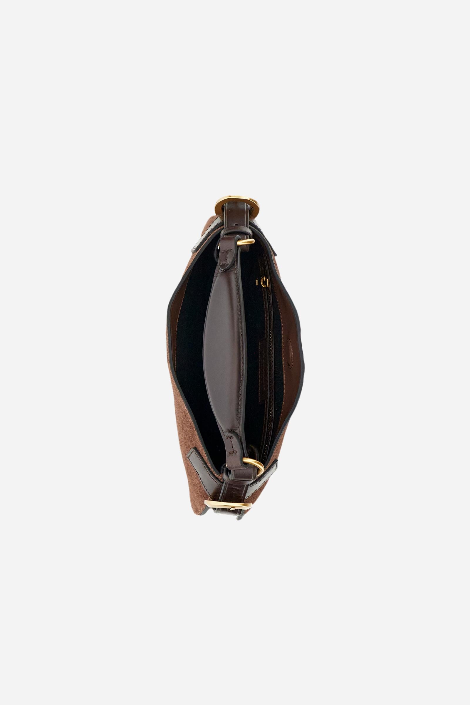 Medium suede crescent bag with contrasting leather handles and strap. Metal La Martina logo on the front. - D.BROWN/D.CHOCOLATE