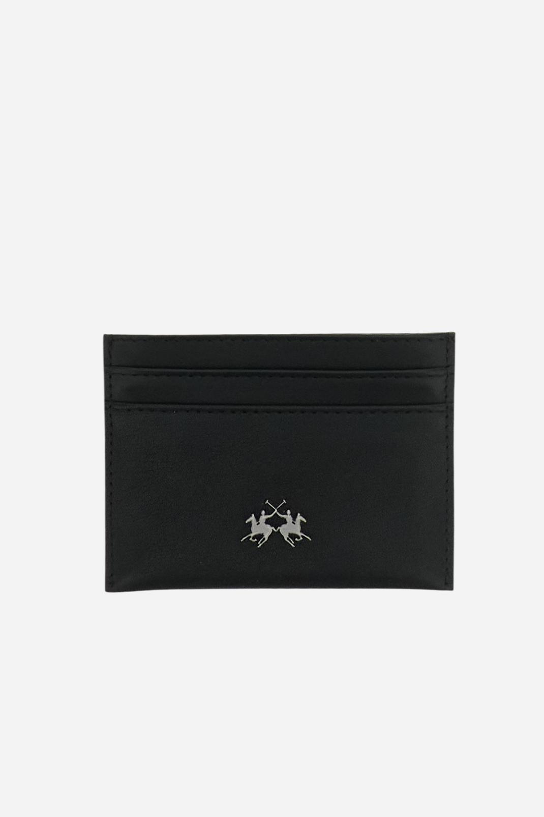 Men’s wallet in calfskin leather. Compact and minimalist, with organized interior and brand’s metal logo on the front. - Black