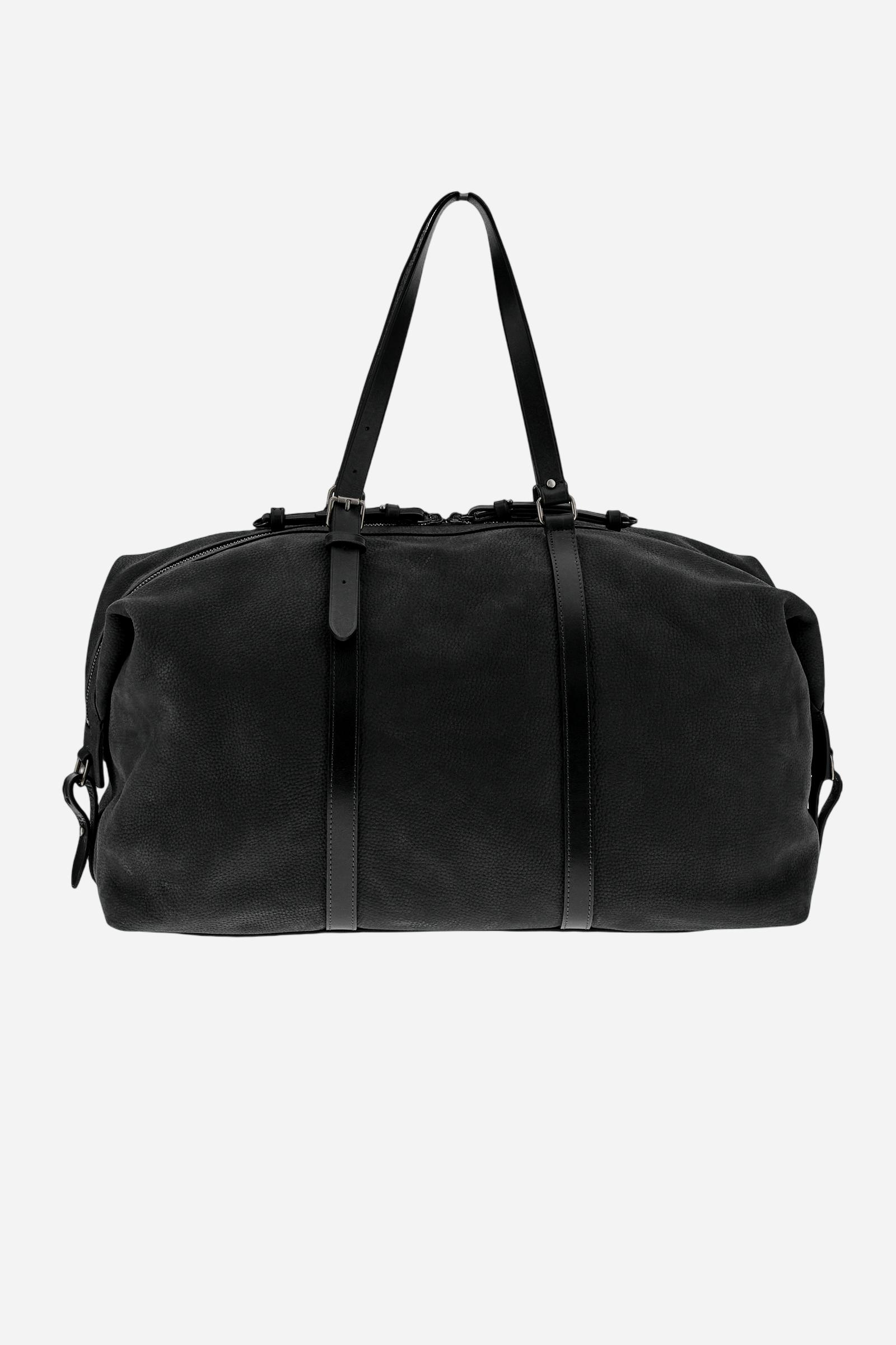 Travel duffle bag in embossed nubuck. Spacious and elegant, with leather straps and double zip closure. - Black