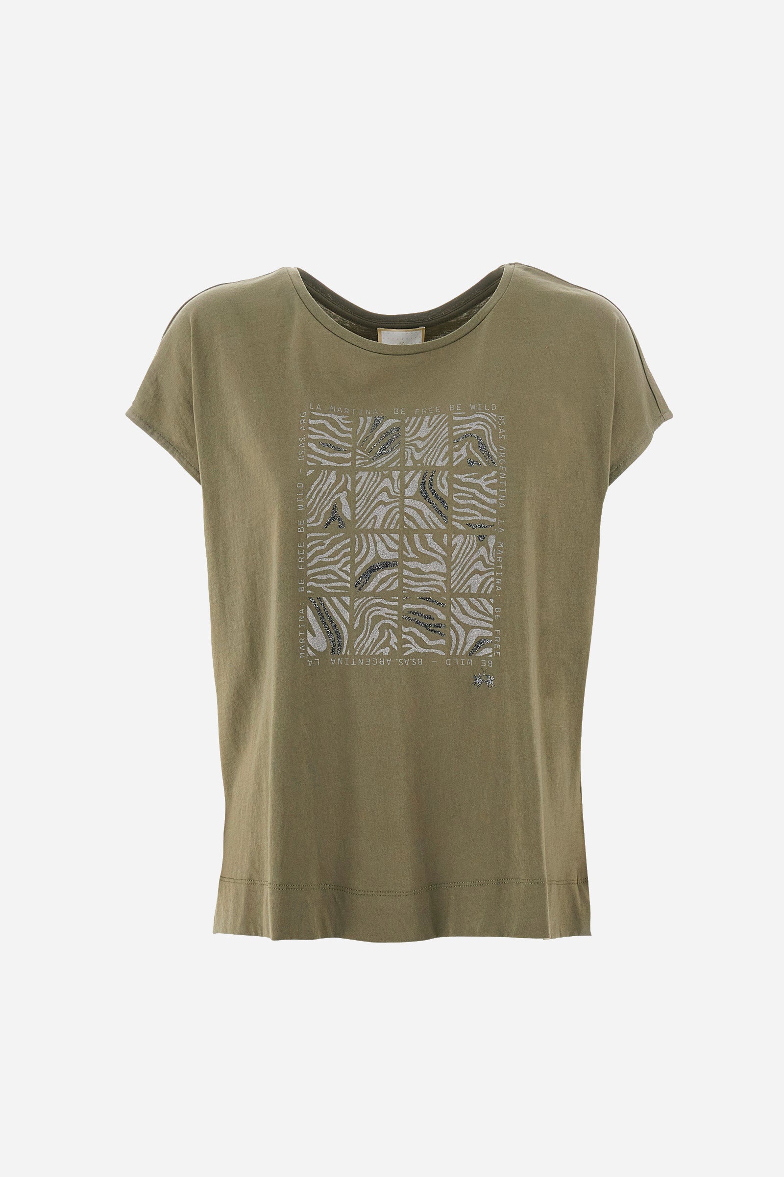 Single-colour short-sleeved T-shirt with a crew neck for women, made of 100% cotton. On the front there is a geometric print with an animal print and some lettering. A small logo is printed on the front. The fit is regular. The model wears a size 2. - Military Olive