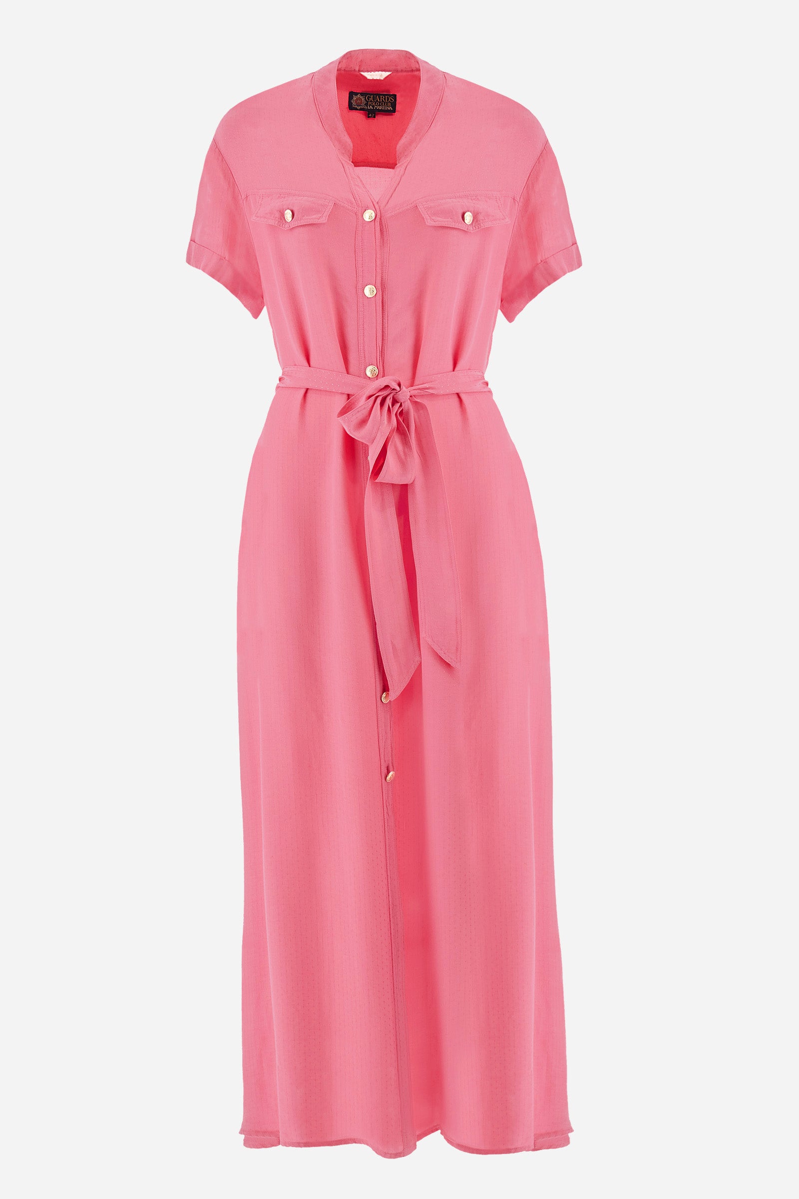 Women’s dress with short sleeves in solid color with bright tone on tone details. Made of synthetic viscose satin fabric. Silhouette straight cut and soft, long to the feet. Waist marked by the belt supplied with the head. V-neck and stand-up collar. Closure with buttons that reach up to the end of the dress. Presence of two fake pockets with buttons on the chest. The patch applied on the back with the representative symbol of the Guards line. The fit is regular. The model wears an IT40 size. - Hot Pink
