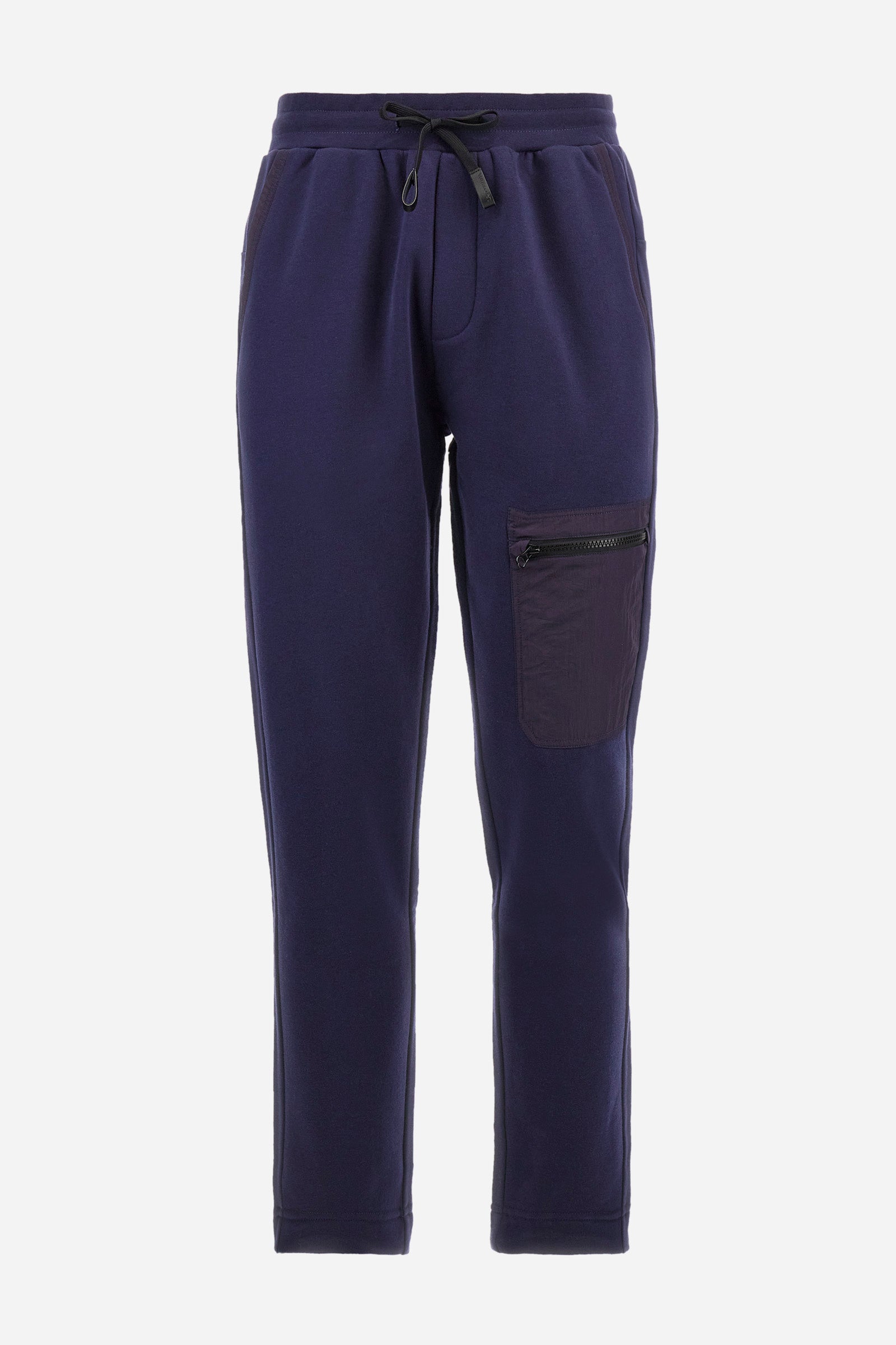Men's plain jogging bottoms, made from a cotton blend. Drawstring waist and cuffs. Double front pocket. There is an additional zipped pocket on the front. The logo appears on an appliquéd plaque the back. Regular fit. The model is wearing a size L. - Navy