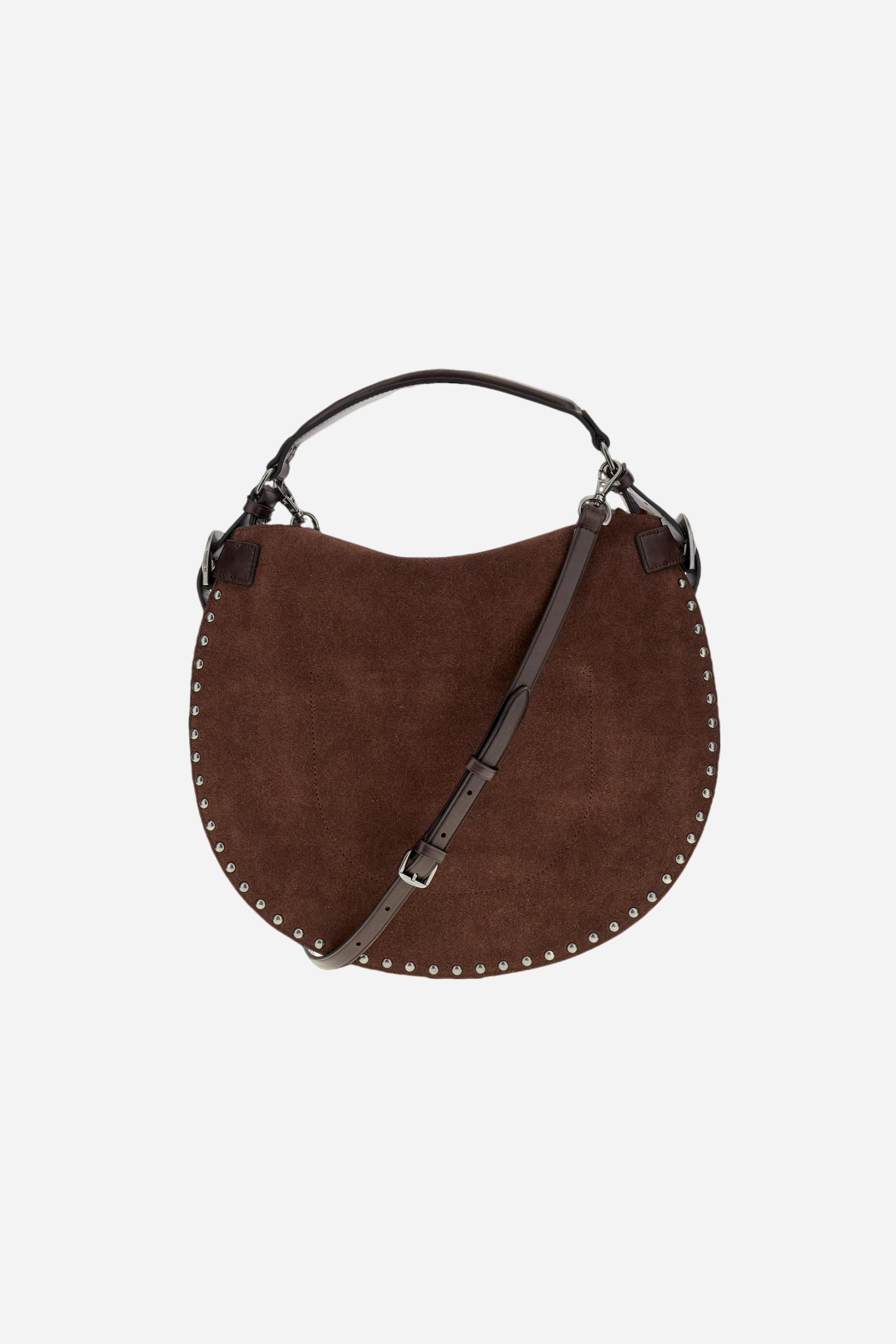 Half-moon suede bag with contrasting leather details and small metallic studs on the front. Sophisticated and contemporary design. - D.BROWN/D.CHOCOLATE