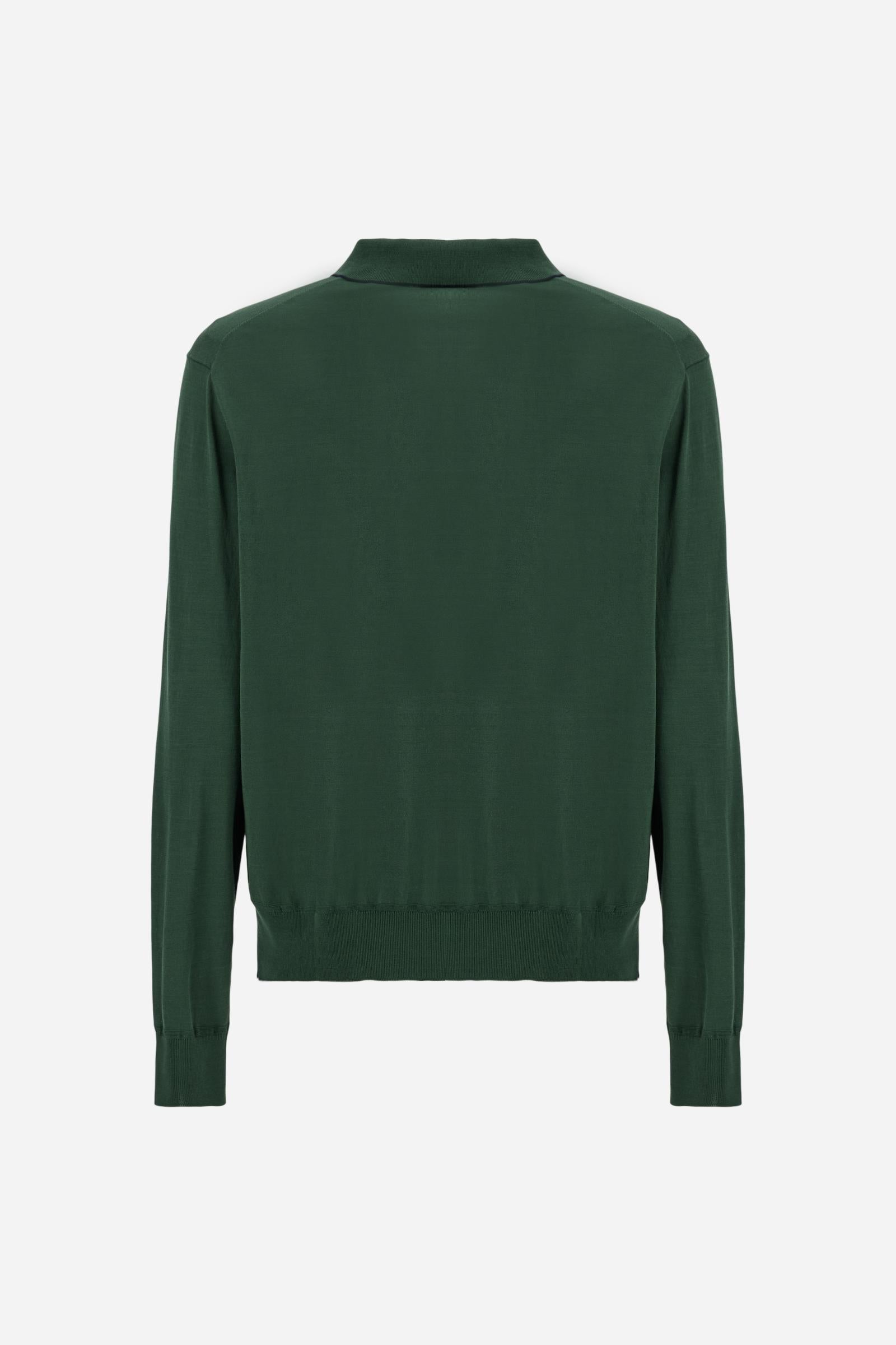 Men’s long-sleeve polo in fine cotton and silk yarn with regular fit. Contrast details and embroidered chest logo. - Pineneedle