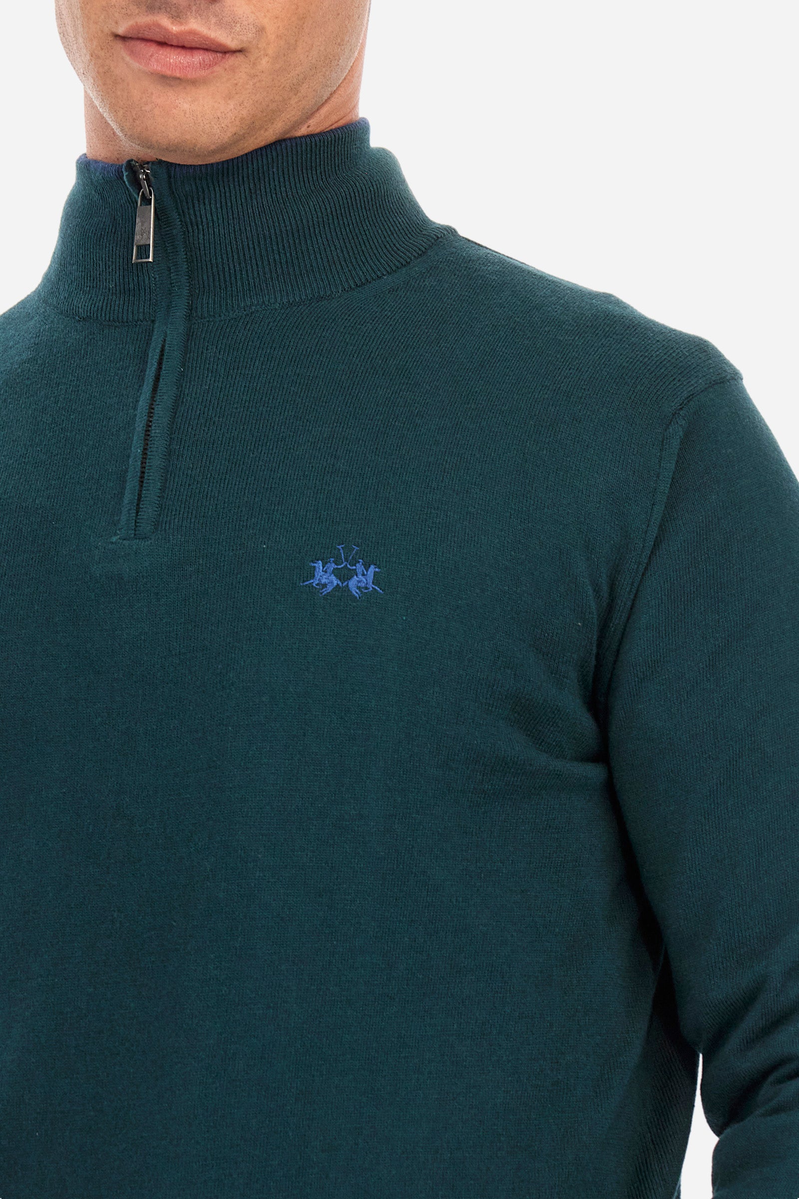 Men's plain mock polo neck pullover with long sleeves. Trimmed collar with a half zip, made from ribbed fabric to match the cuffs and hem. Made from a blend of cotton and wool. Featuring a small embroidered logo on the front. Regular fit. The model is wearing a size L. - Pine Grove
