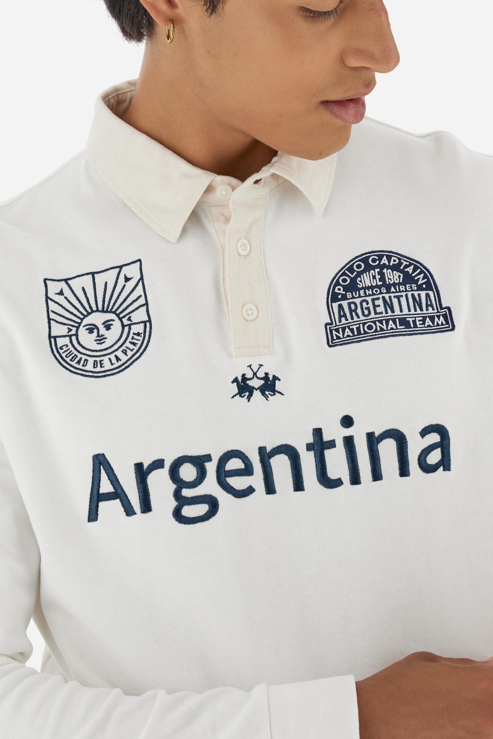 Long-sleeve polo shirt in soft, warm cotton jersey for all-day comfort. The contrasting gabardine collar adds a sophisticated touch to the clean design, while the ribbed cuffs in matching tone complete the look. On the chest, oversized colorful graphics celebrate Italy, Argentina, and England. A small embroidered logo in contrast sits below the placket. Regular fit for a relaxed silhouette that suits every body type. Model wears size L. - Off White