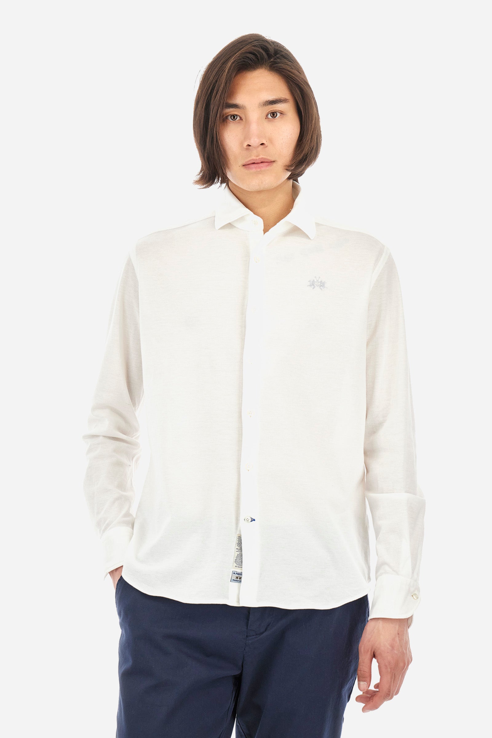 Long-sleeved shirt in cotton piqué, fitted cut for men Qalam - Main Image