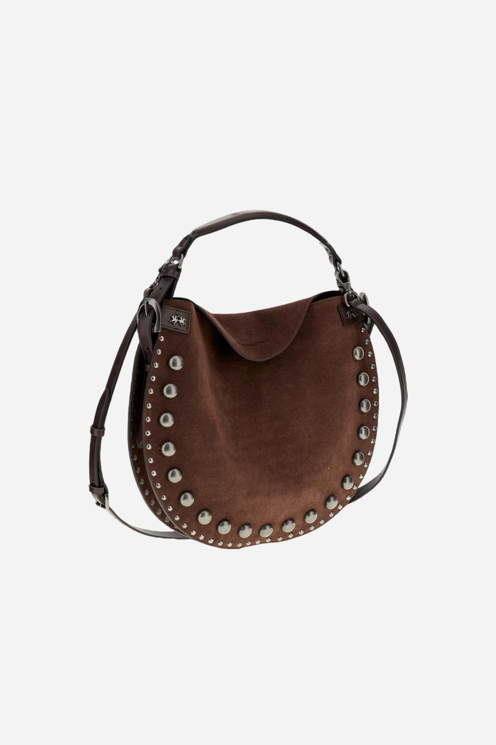 Half-moon suede bag with contrasting leather details and small metallic studs on the front. Sophisticated and contemporary design. - D.BROWN/D.CHOCOLATE