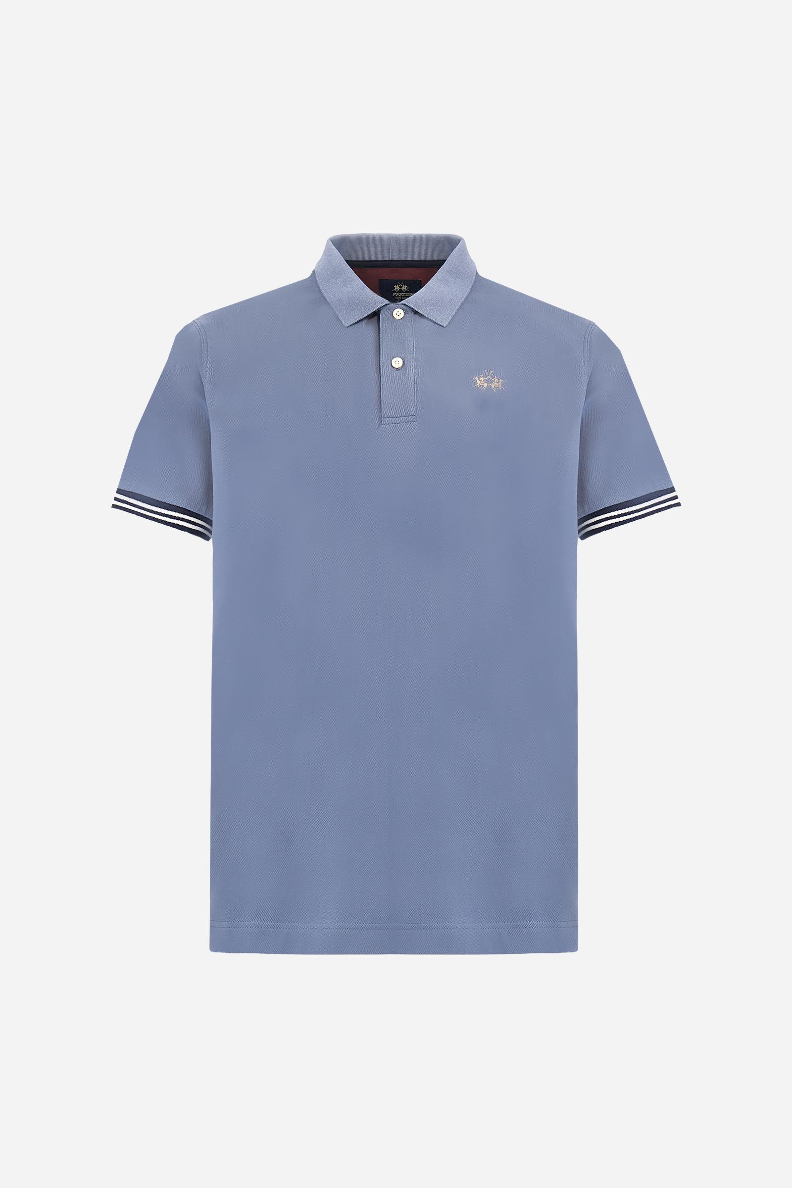 Men’s short-sleeve polo in high-quality stretch cotton piqué, ensuring excellent breathability and flexibility. Classic ribbed collar, two-button placket with customized buttons. Inner collar enriched with contrast tapes and colors for a modern touch. Multicolored ribbed cuffs with different patterns. Small contrast logo embroidered on the chest. Regular fit. Model wears size L. - Flint Stone