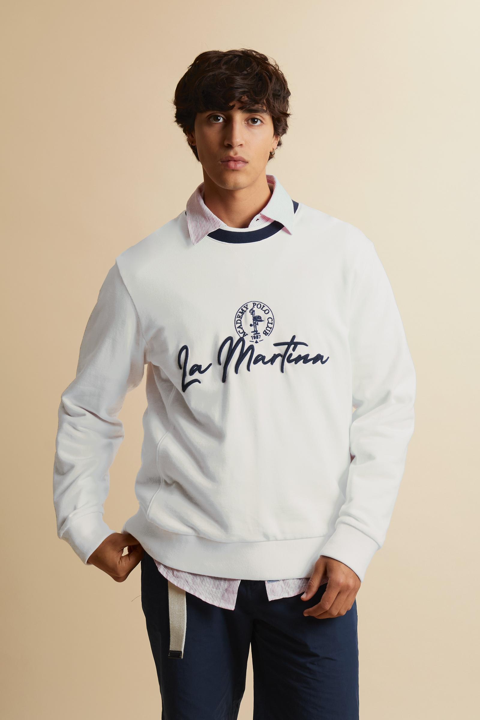 Men’s French Terry sweatshirt with contemporary fit, modern cut and hip-length design. Ribbed trim and contrast embroidery on the chest. - Optic White