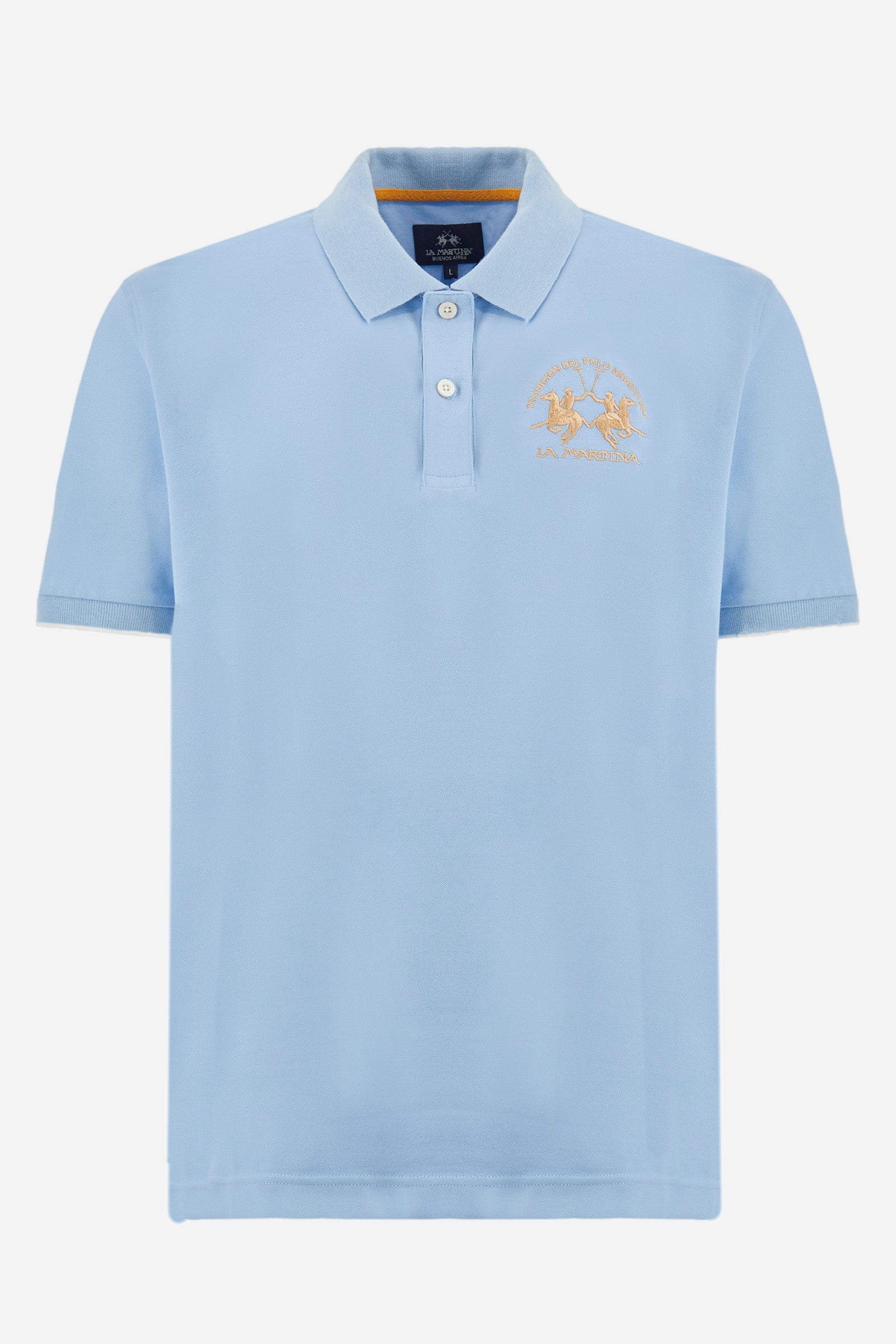 Men's short-sleeved, regular-fit polo shirt. A classic model with a contrasting La Martina logo-embellished chest and profiled sleeve trims. Perfect when worn with a pair of jeans from the collection. - Blue Bell