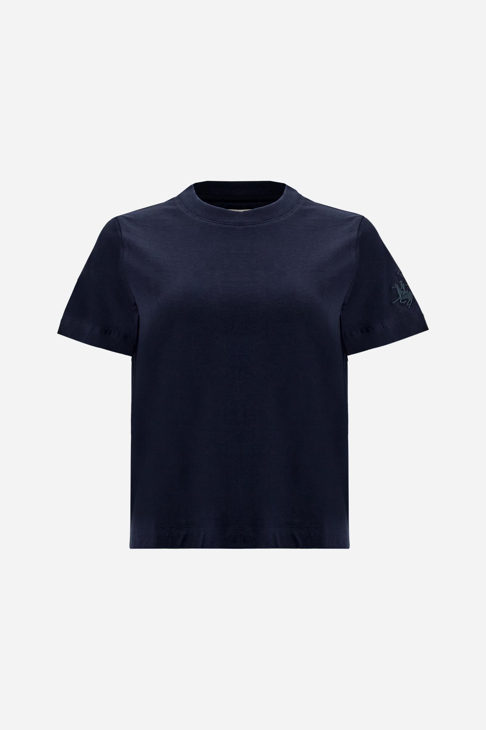 Women’s cotton jersey T-shirt with boxy fit and ribbed collar. Maxi embroidered logo on the sleeve. - Navy