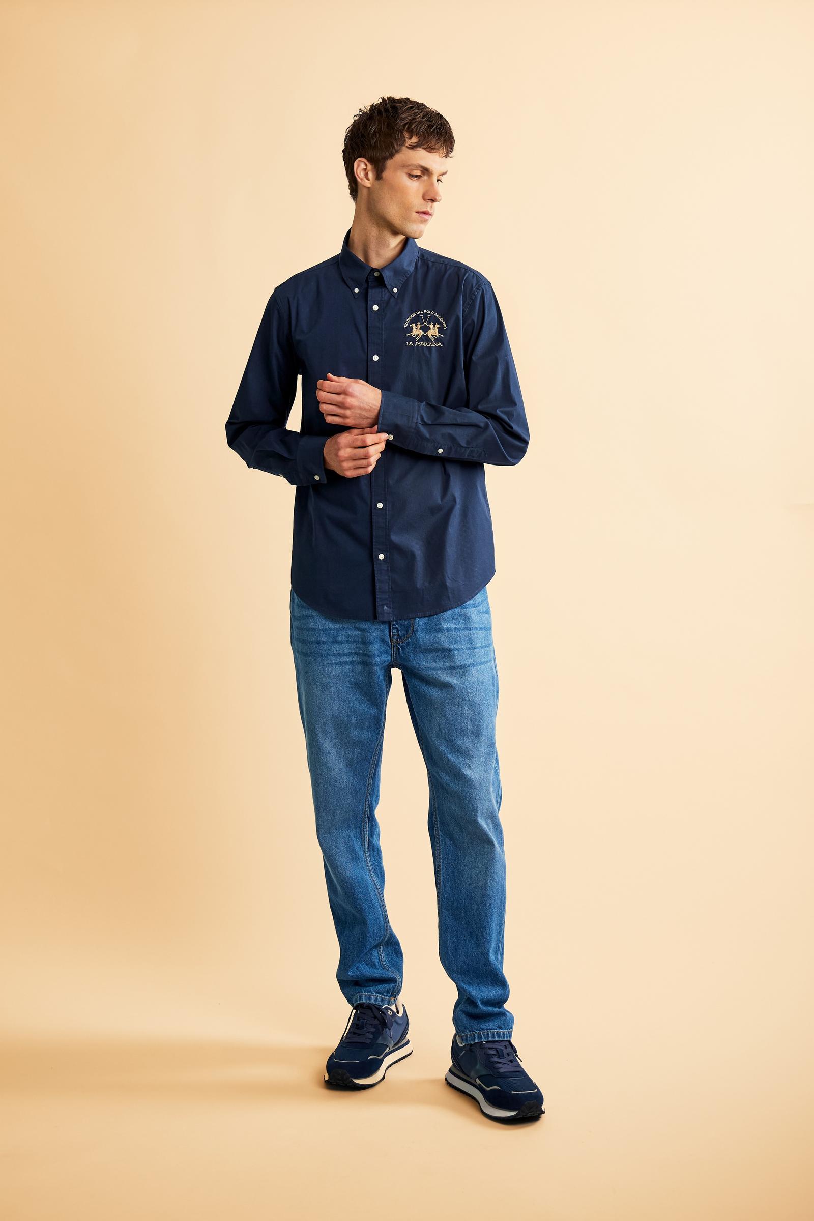 Men's long-sleeved shirt in cotton poplin with a regular-fit and button-down collar - Navy