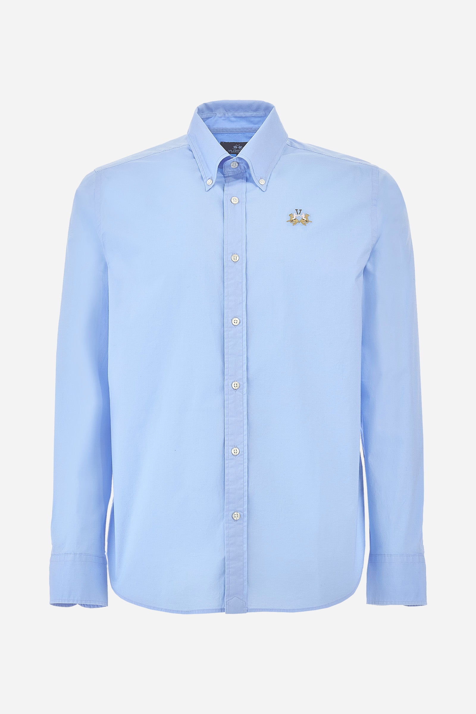 Long-sleeved men's shirt, slim fit, buttoned collar. Classic cut. La Martina logo embroidered on the chest in the same tone. To wear with jeans from the collection or with elegant pants. - Blue Bell